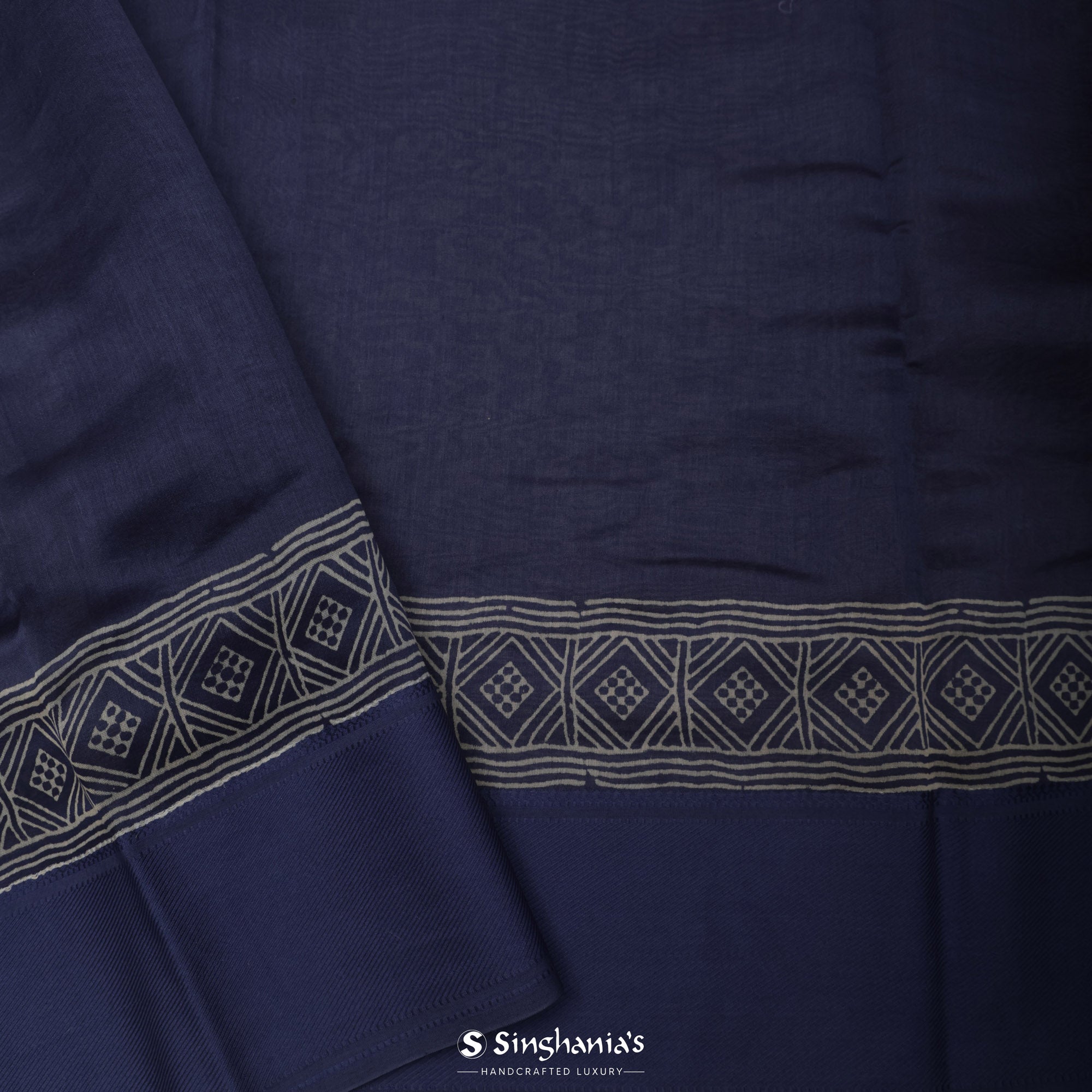Admiral Blue Printed Chanderi Silk Saree With Geometrical Jaal Pattern