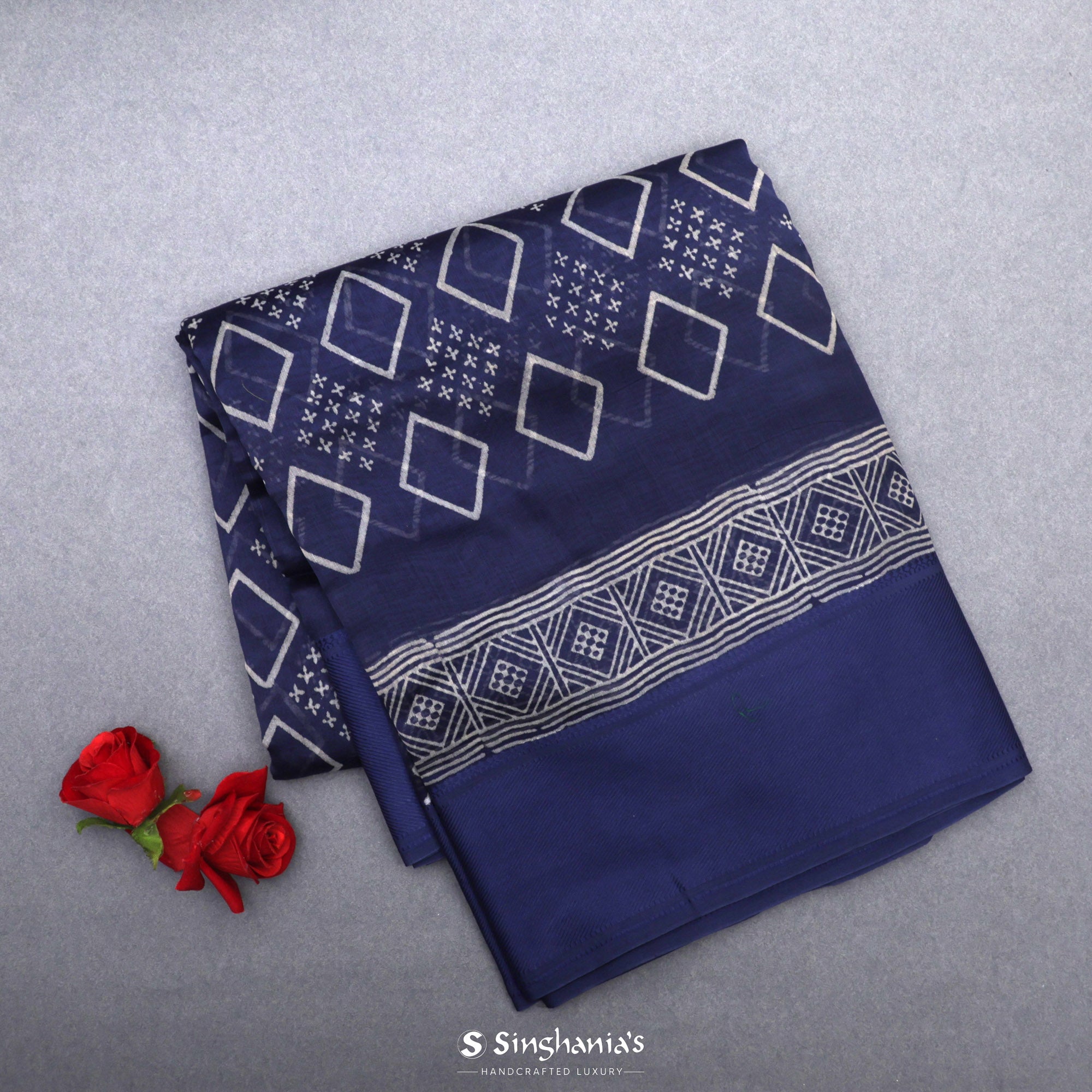 Admiral Blue Printed Chanderi Silk Saree With Geometrical Jaal Pattern