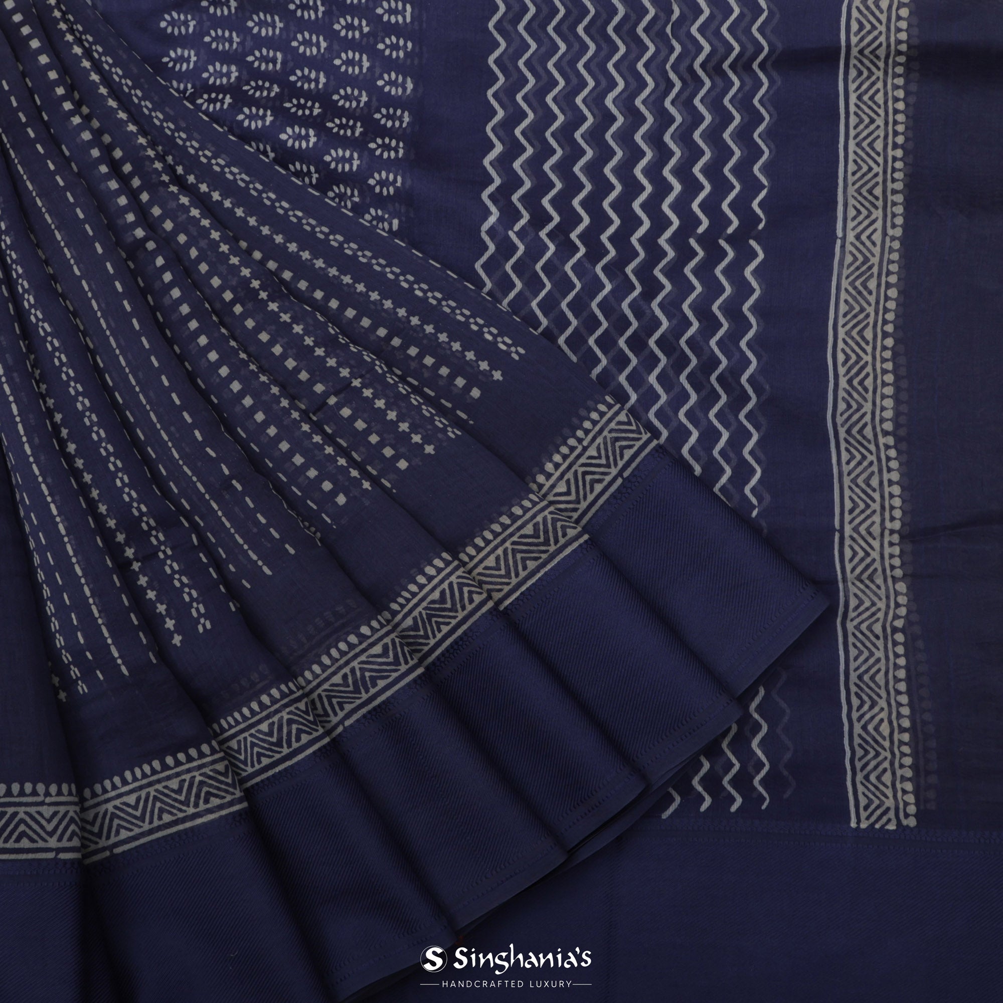 Independence Blue Printed Chanderi Silk Saree With Geometrical Design