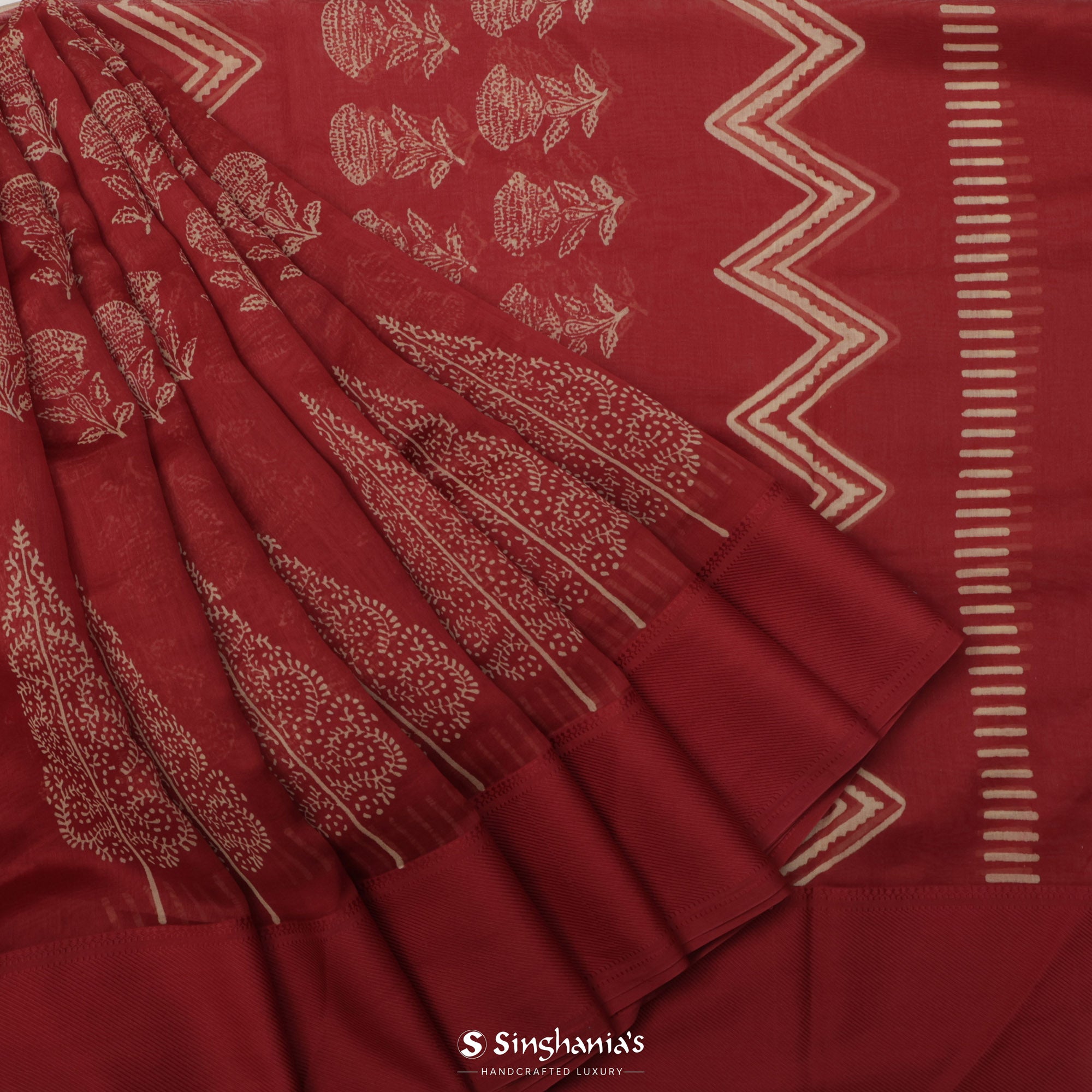 Oklahoma Crimson Printed Chanderi Silk Saree With Floral Motif Design