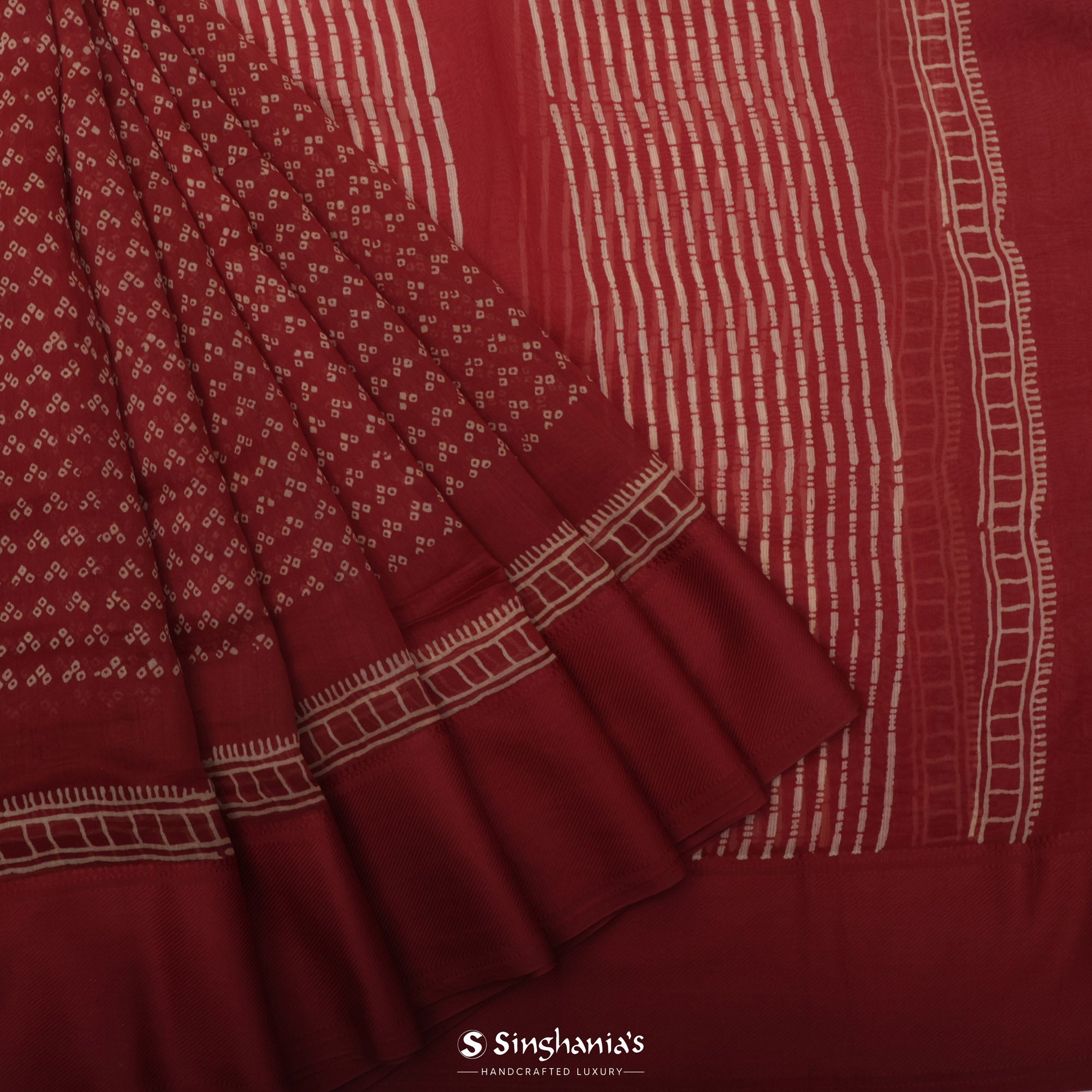 Prismatic Red Printed Chanderi Silk Saree With Bandhani Butti Pattern
