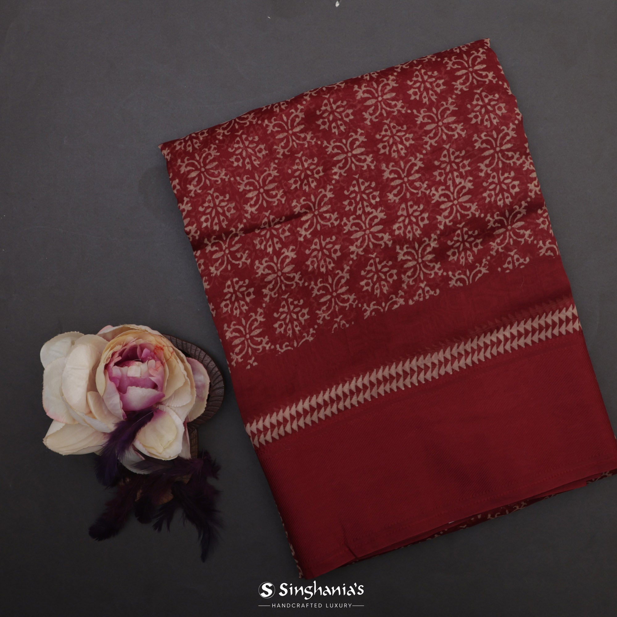 Cardinals Red Printed Chanderi Saree With Floral Jaal Pattern