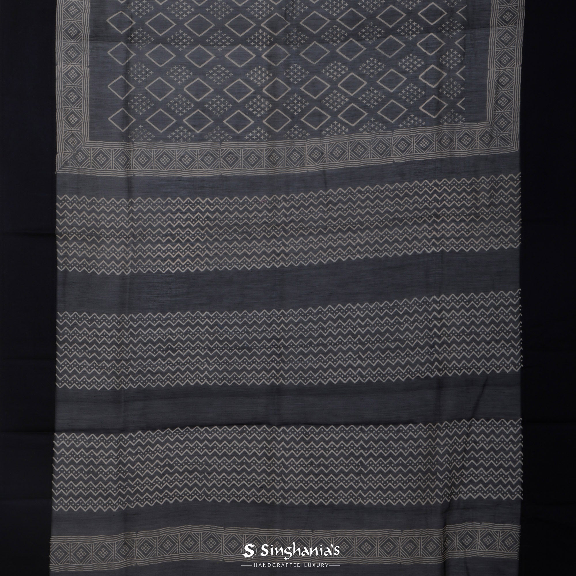 Deep Black Printed Chanderi Silk Saree With Geometrical Jaal Design