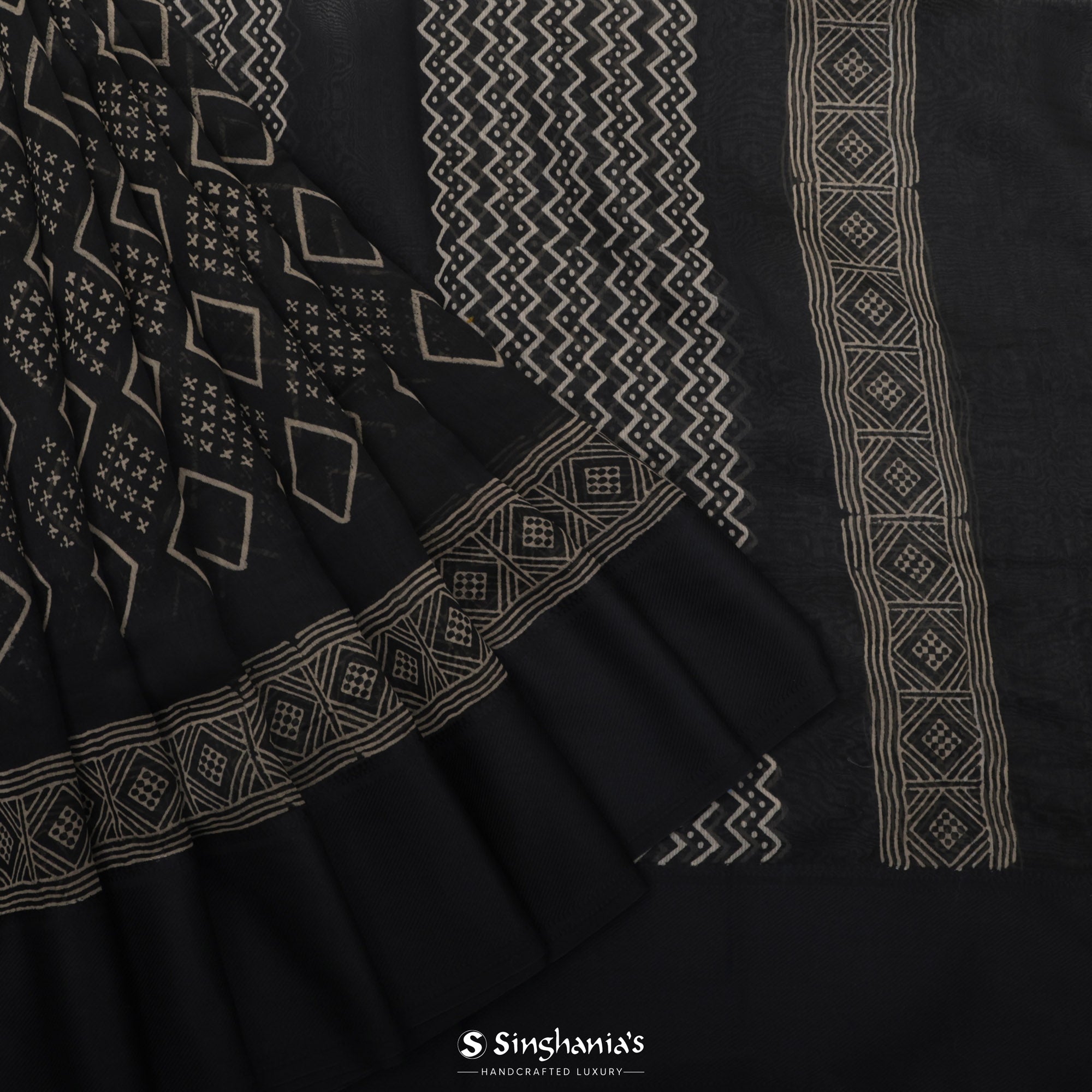 Deep Black Printed Chanderi Silk Saree With Geometrical Jaal Design