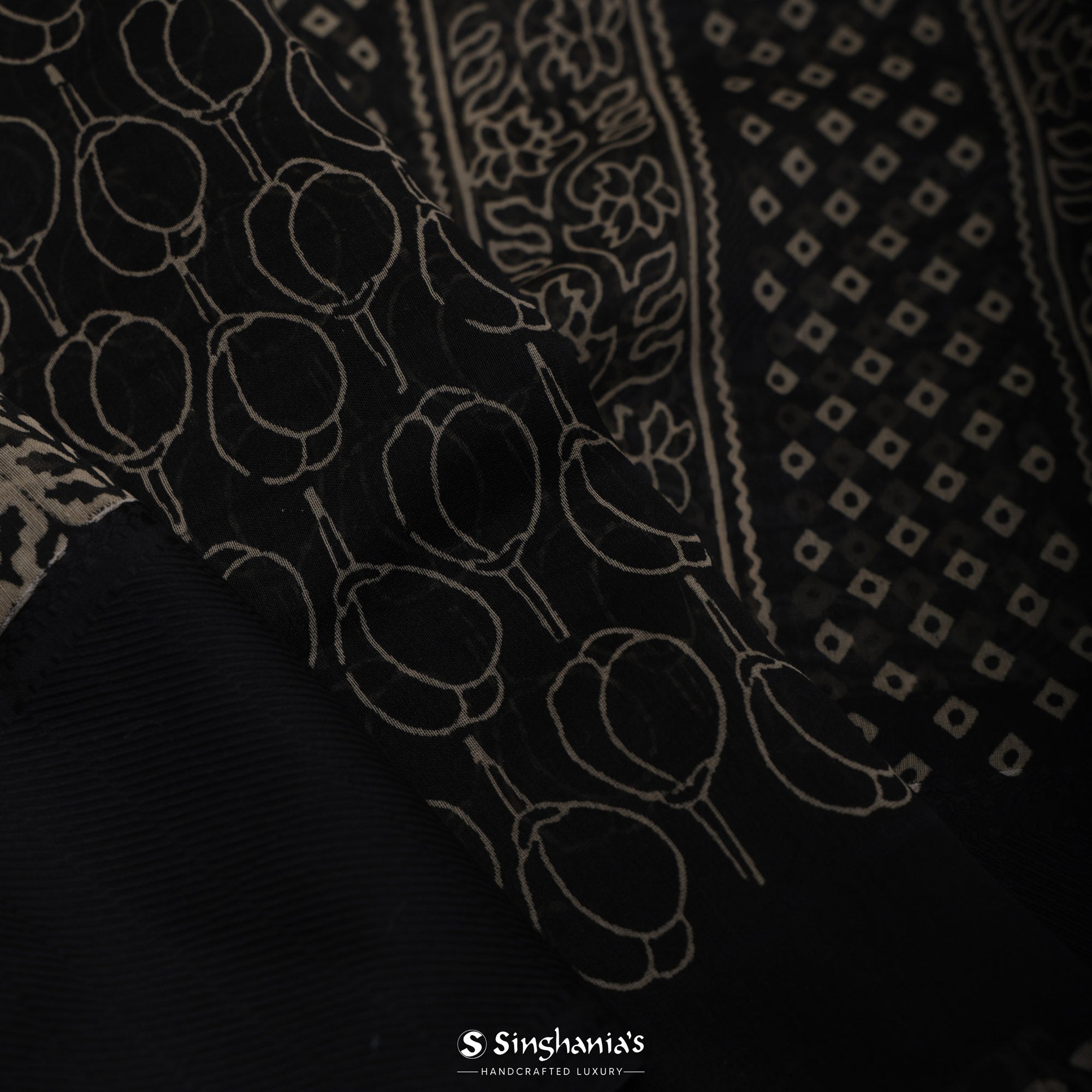 Night Black Printed Chanderi Silk Saree With Floral Motif Design