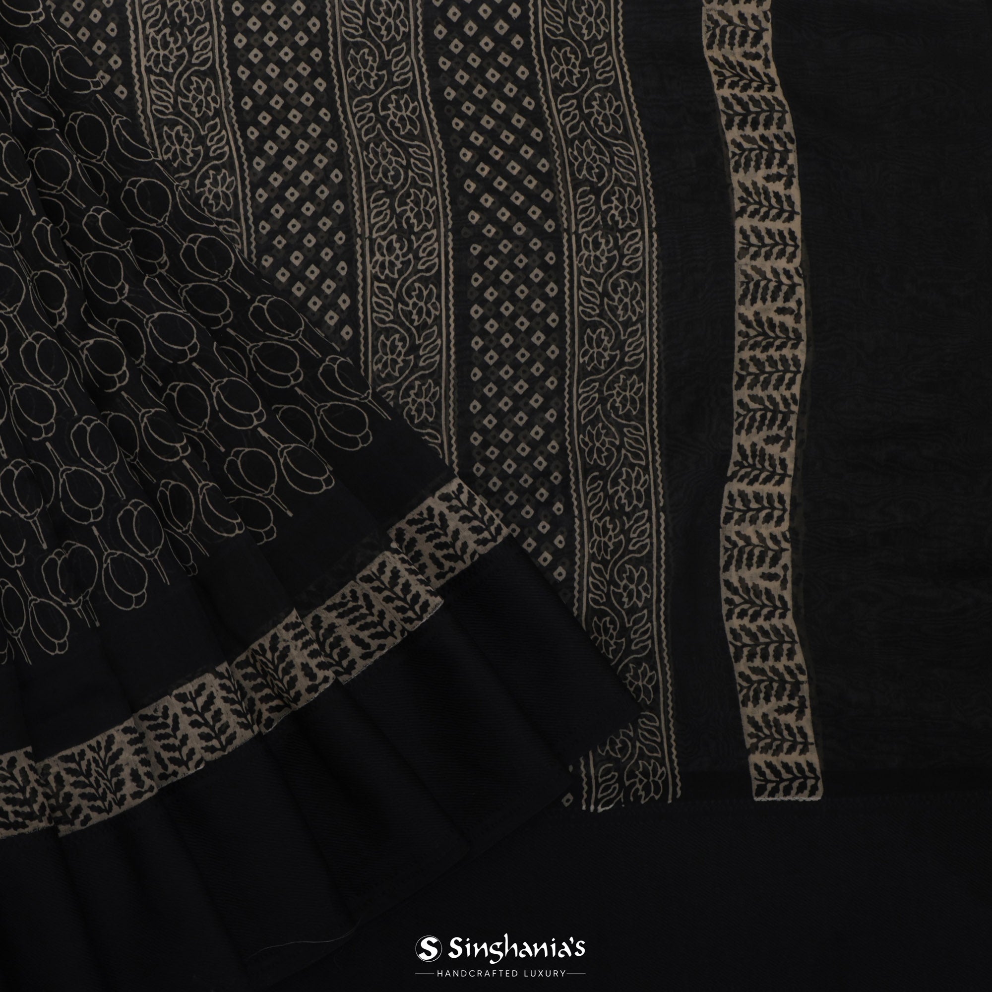 Night Black Printed Chanderi Silk Saree With Floral Motif Design