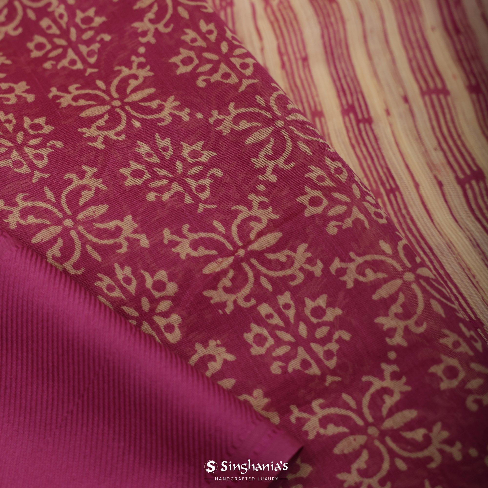Steel Pink Printed Chanderi Silk Saree With Floral Jaal Design