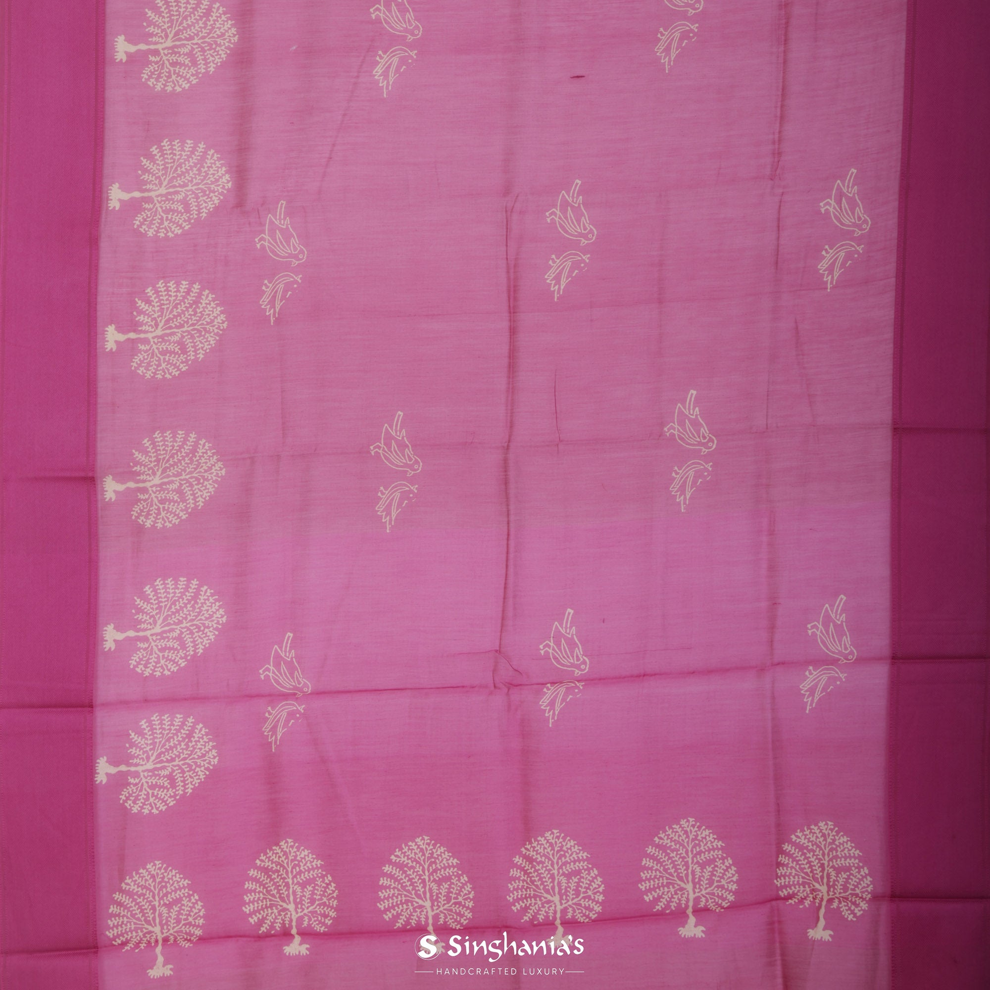 Cherry Pink Printed Chanderi Silk Saree With Tree-Bird Pattern