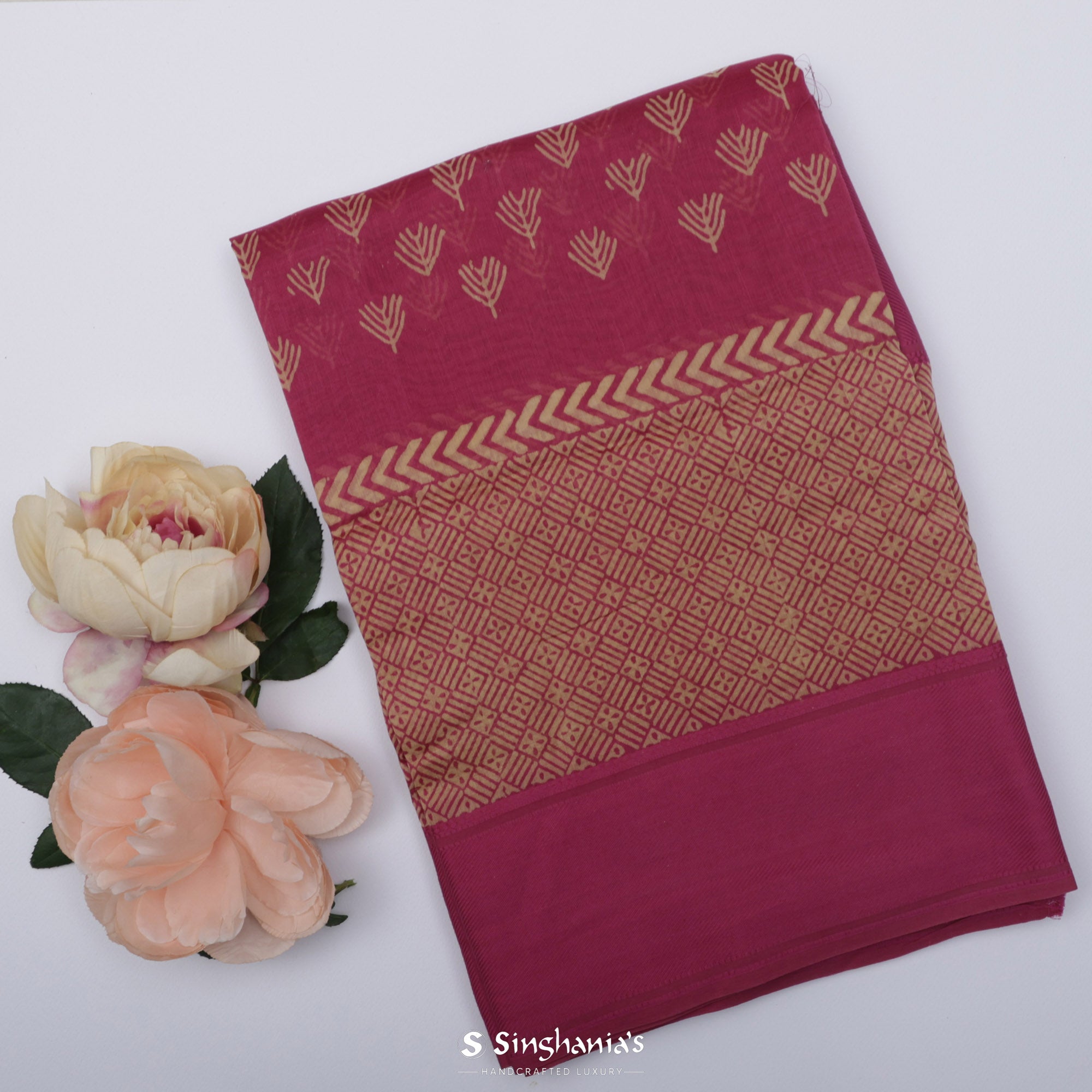 French Pink Printed Chanderi Silk Saree With Floral Motif Design