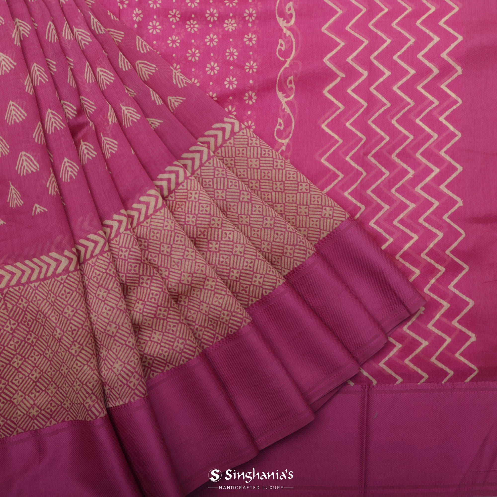 French Pink Printed Chanderi Silk Saree With Floral Motif Design