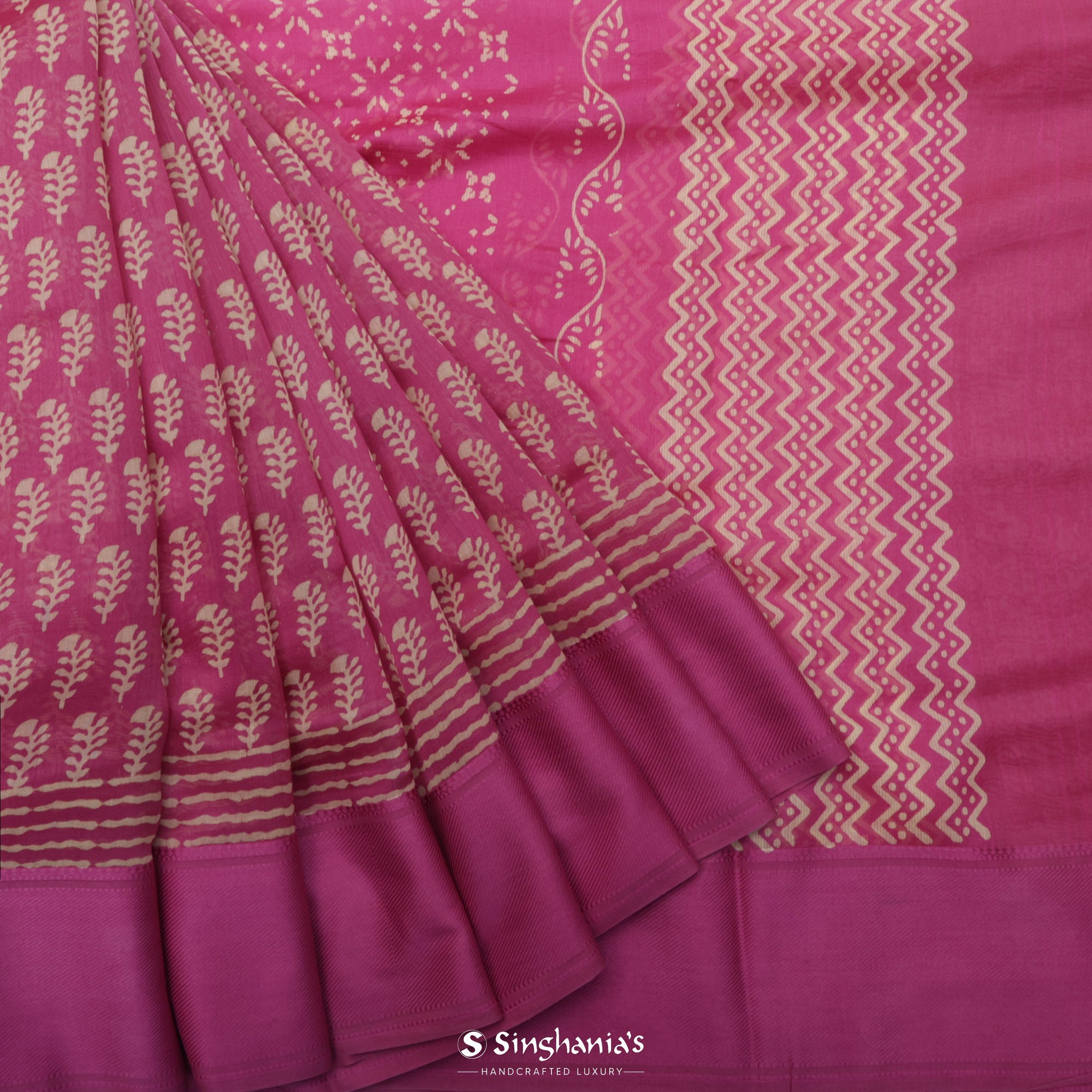 Mulberry Pink Printed Chanderi Silk Saree With Floral Butti Design