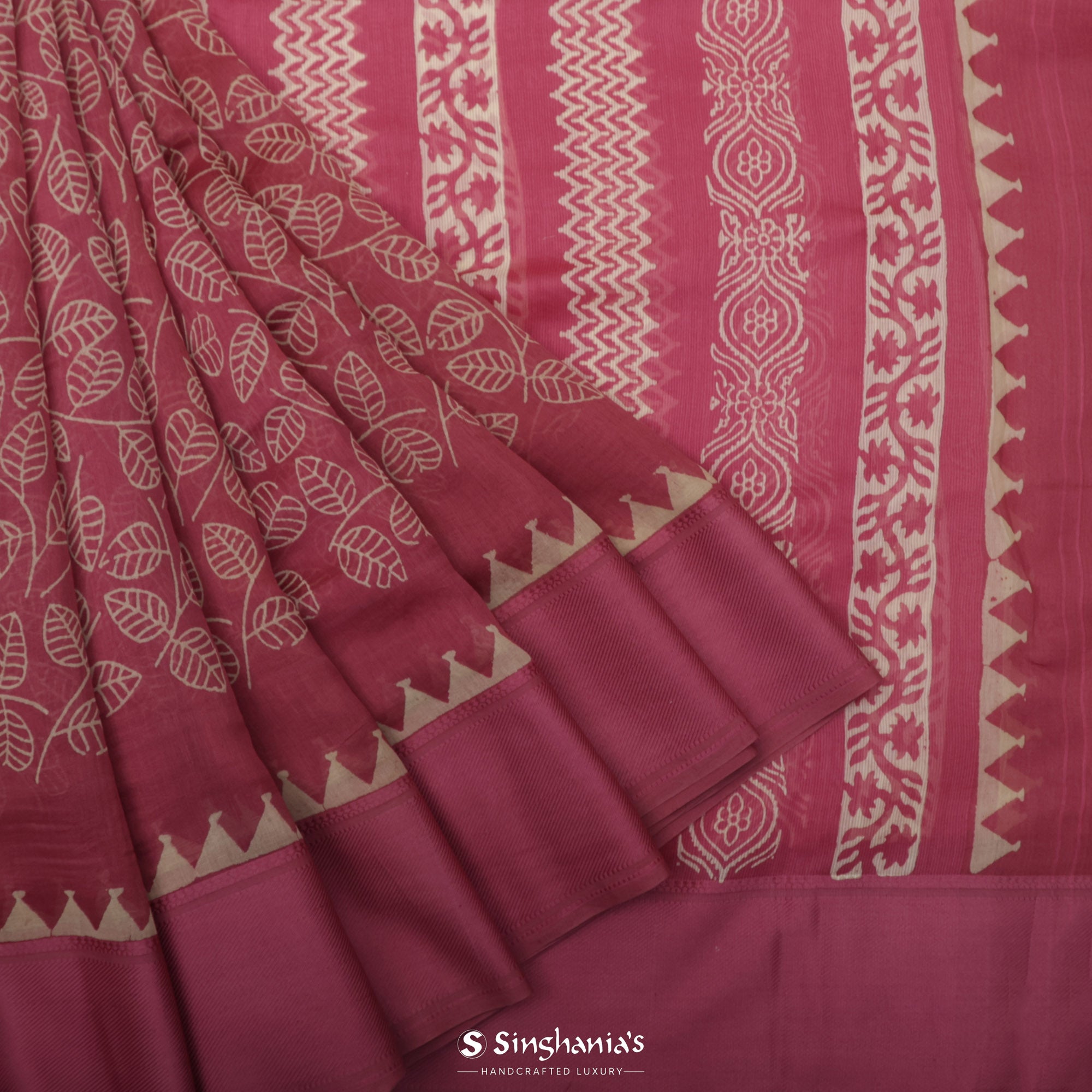 Rouge Pink Printed Chanderi Silk Saree With Floral Jaal Design
