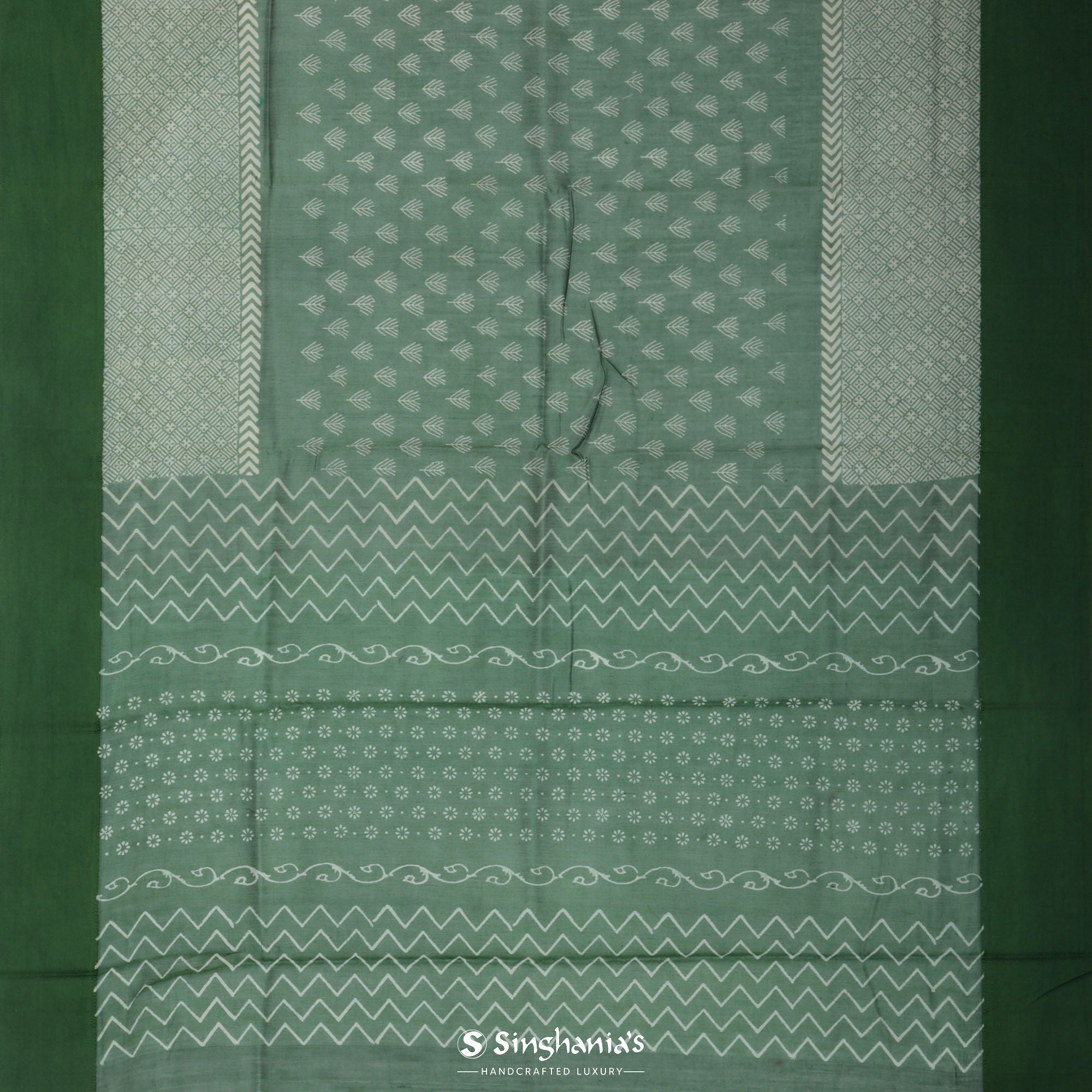 Hunter Green Printed Chanderi Silk Saree With Floral Butti Design