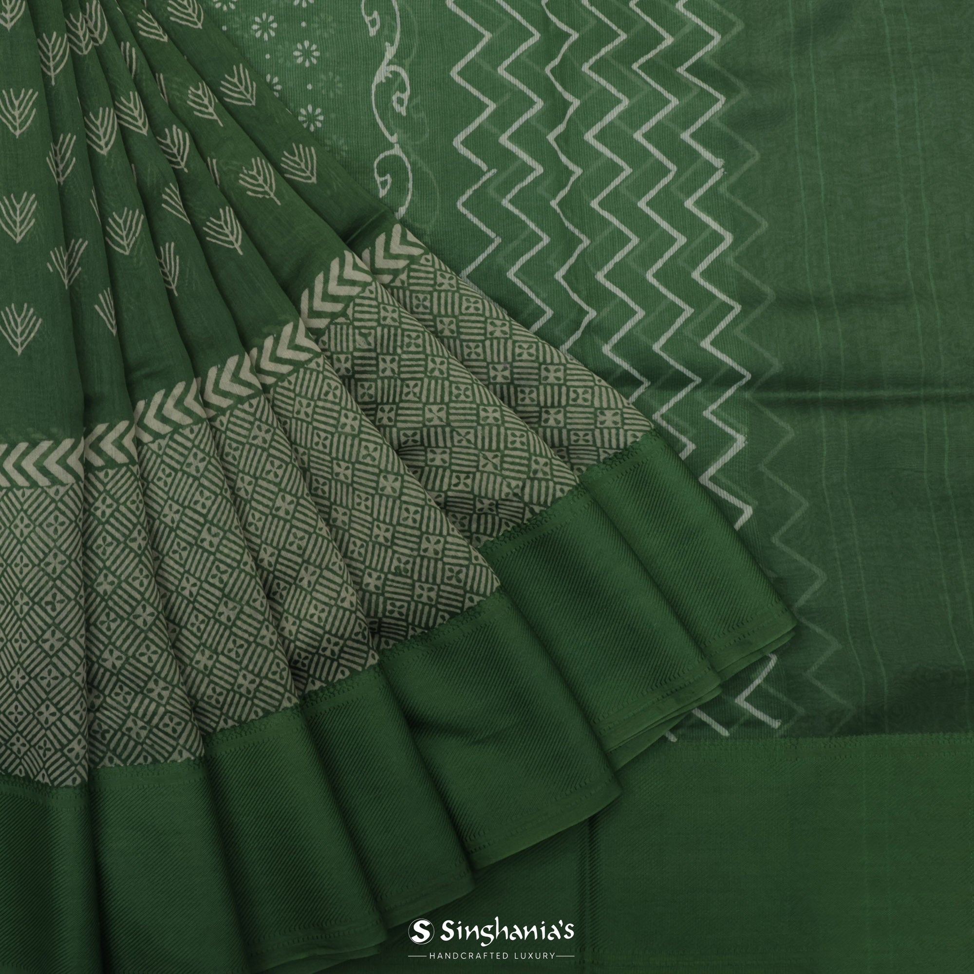 Hunter Green Printed Chanderi Silk Saree With Floral Butti Design