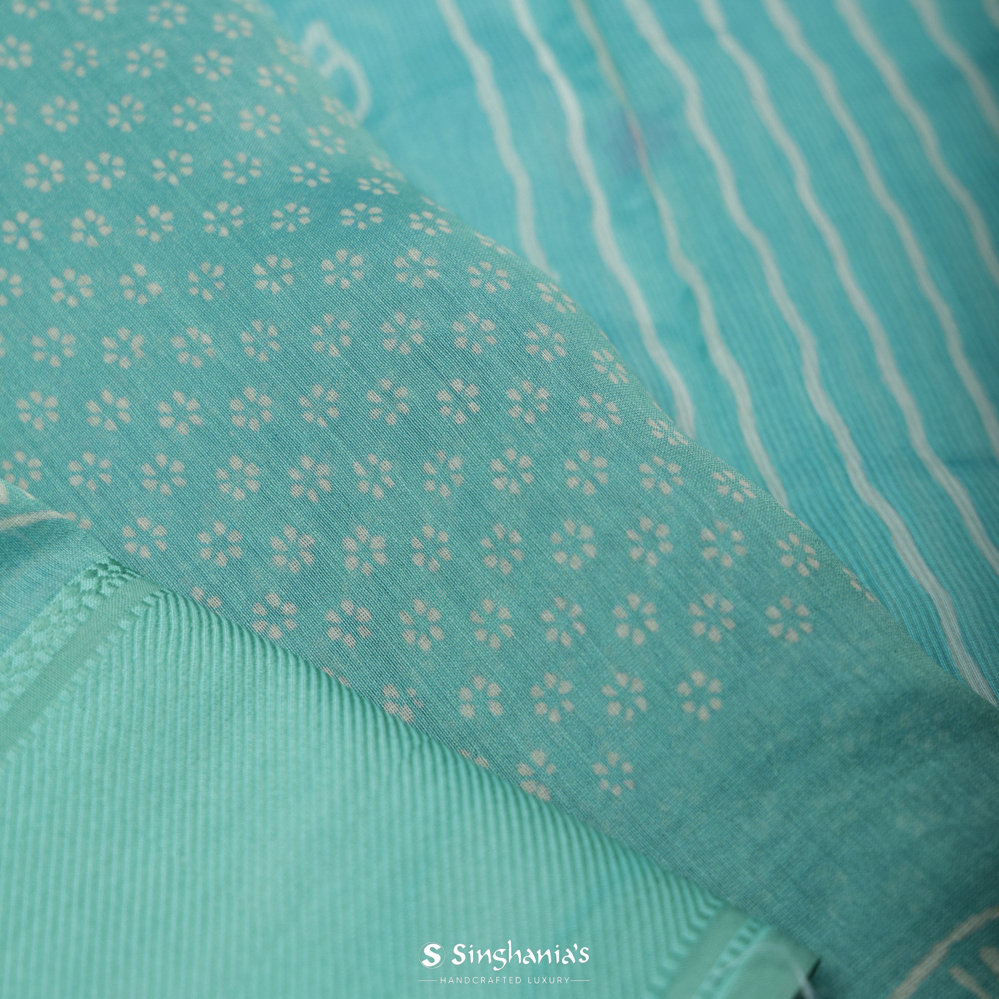 Light Turquoise Blue Printed Chanderi Silk Saree With Floral Booties Pattern