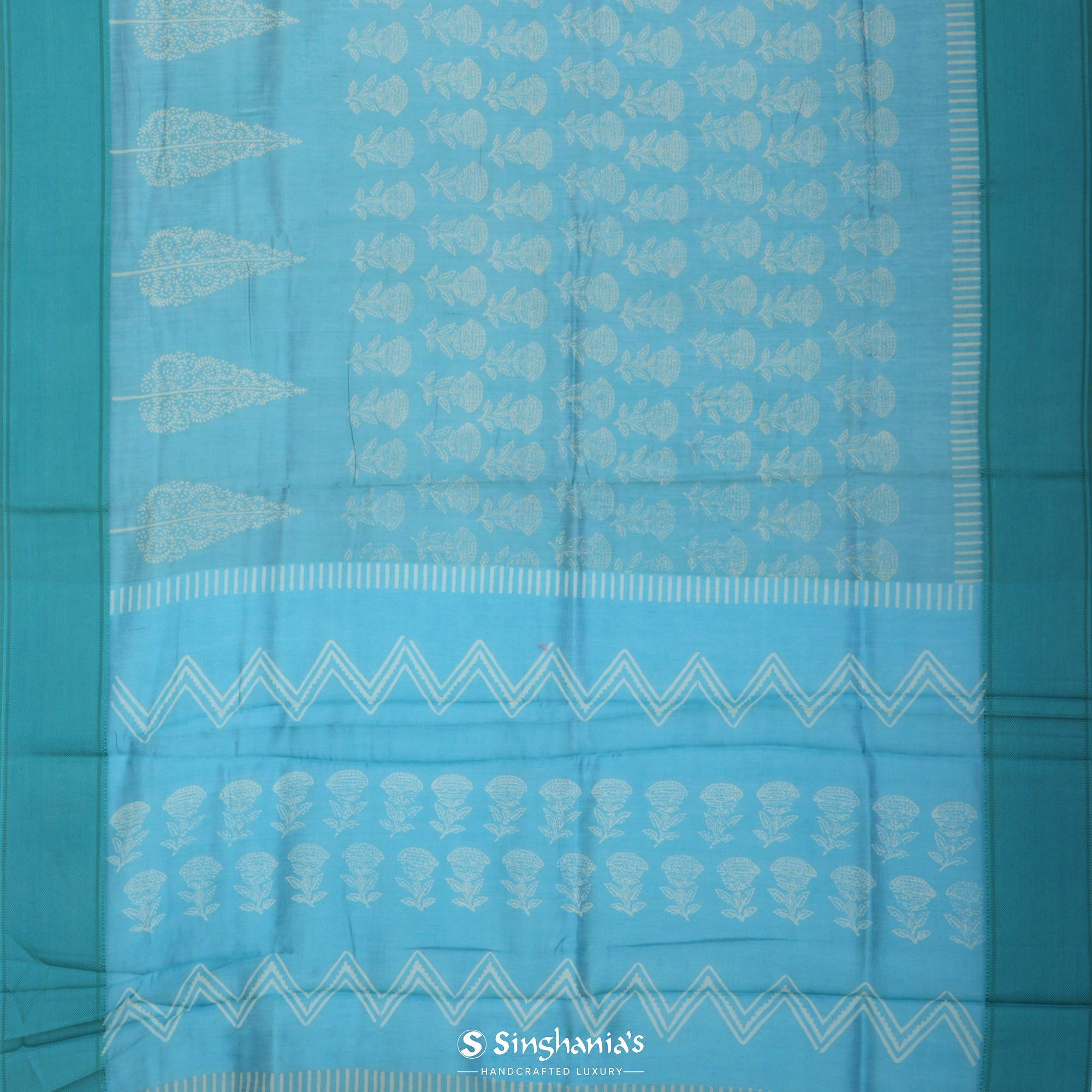 Sky Blue Printed Chanderi Silk Saree With Floral Motif Pattern