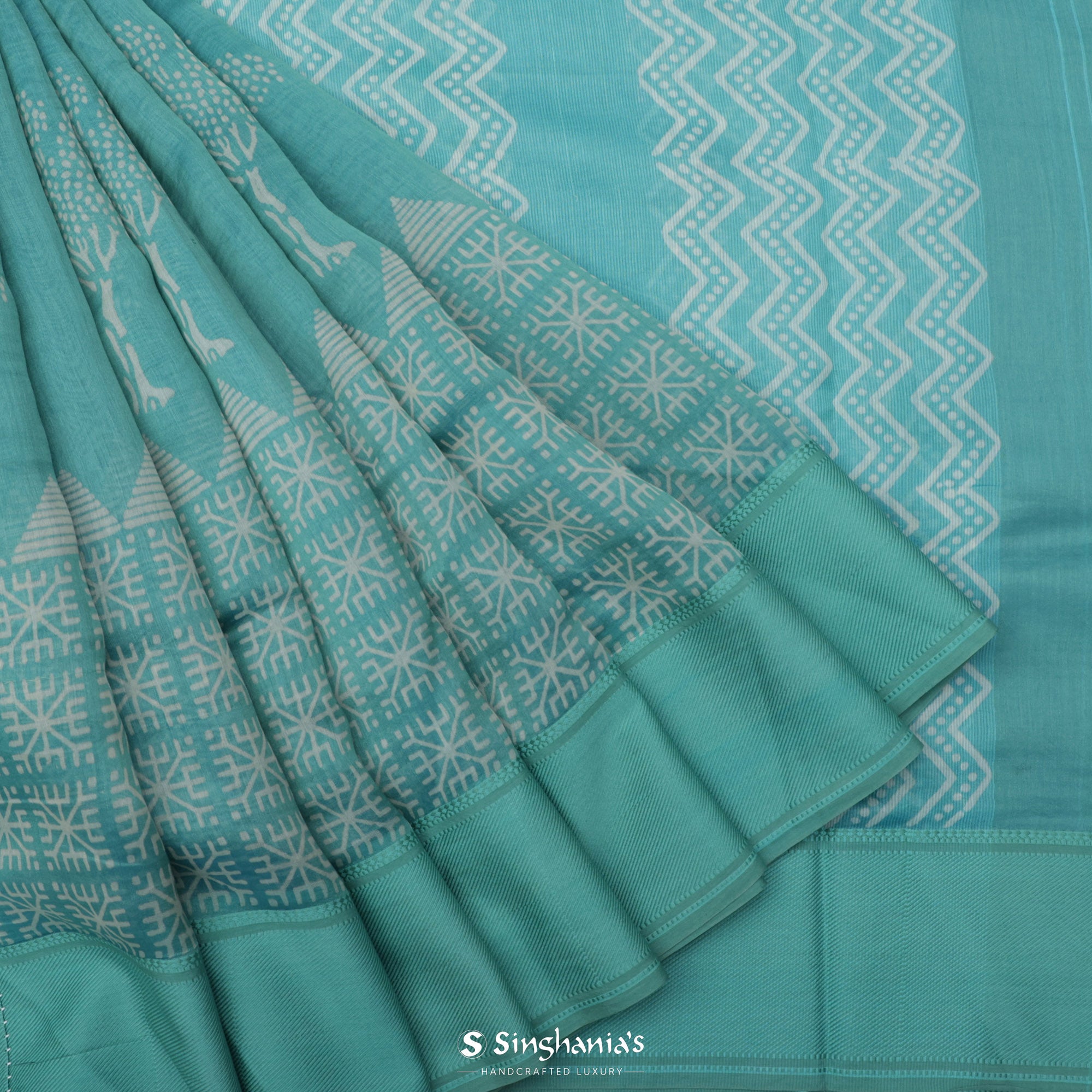 Ultramarine Blue Printed Chanderi Silk Saree With Tree Pattern