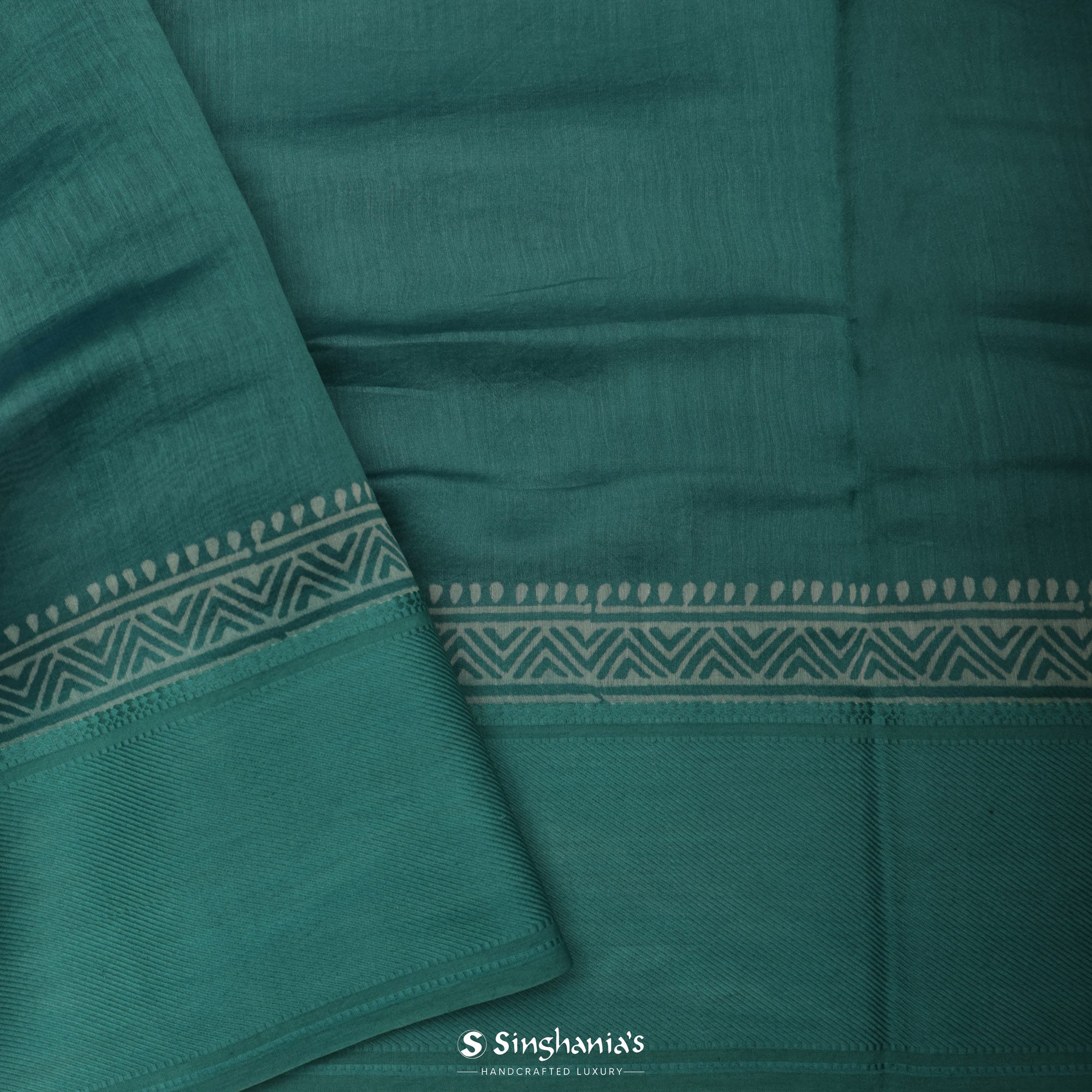 Pine Green Printed Chanderi Silk Saree With Geometrical Pattern