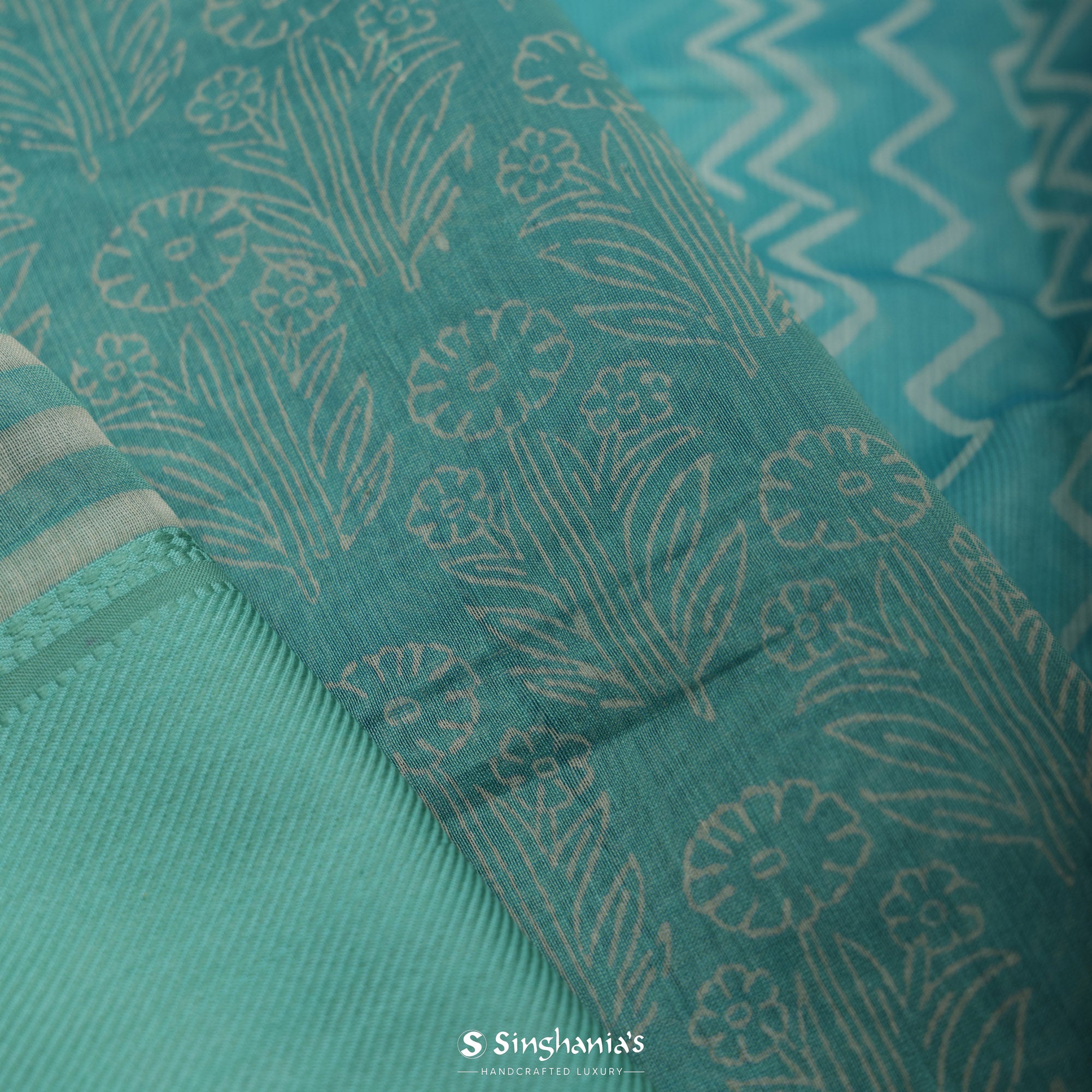 Medium Turquoise Blue Printed Chanderi Silk Saree With Floral Motif Design