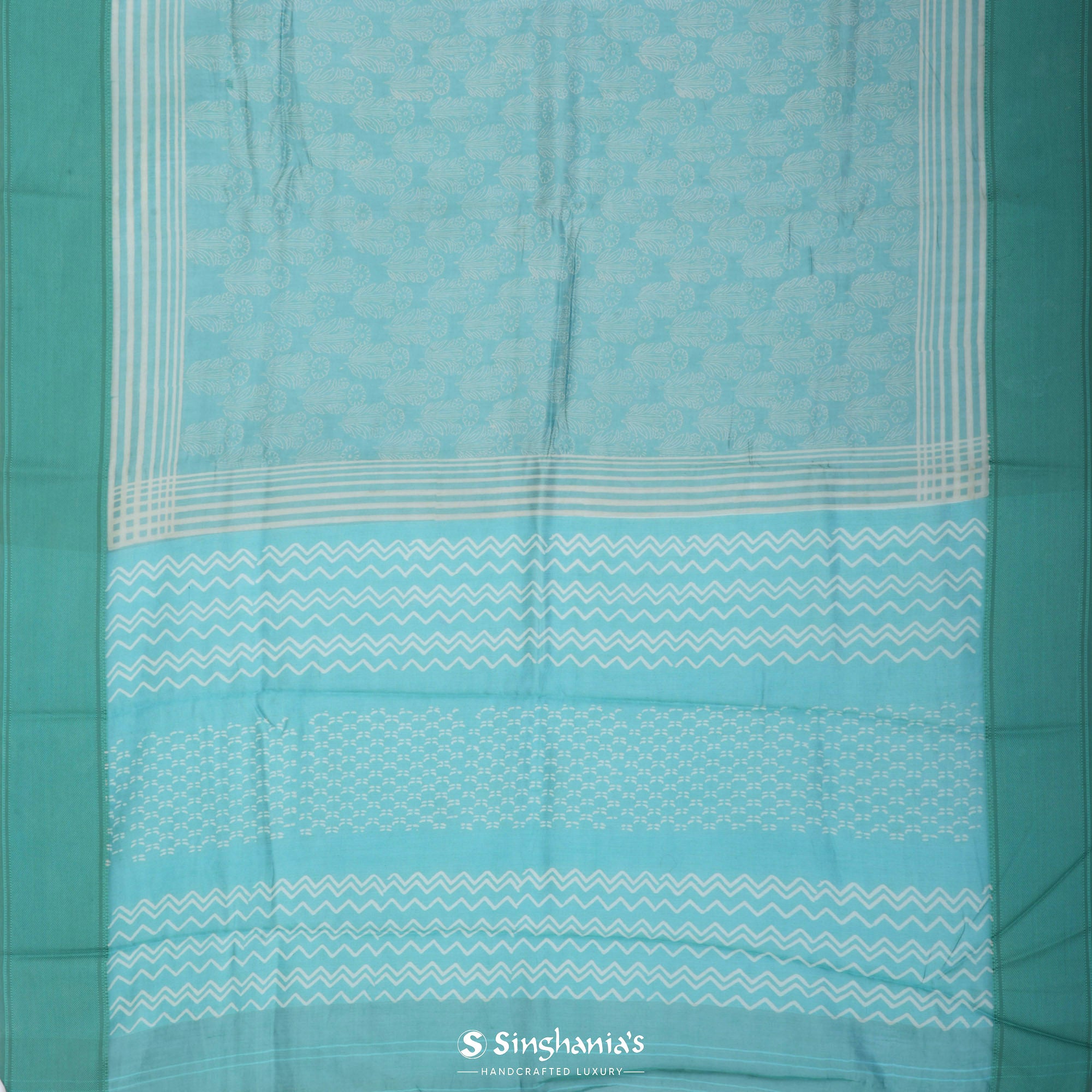 Medium Turquoise Blue Printed Chanderi Silk Saree With Floral Motif Design