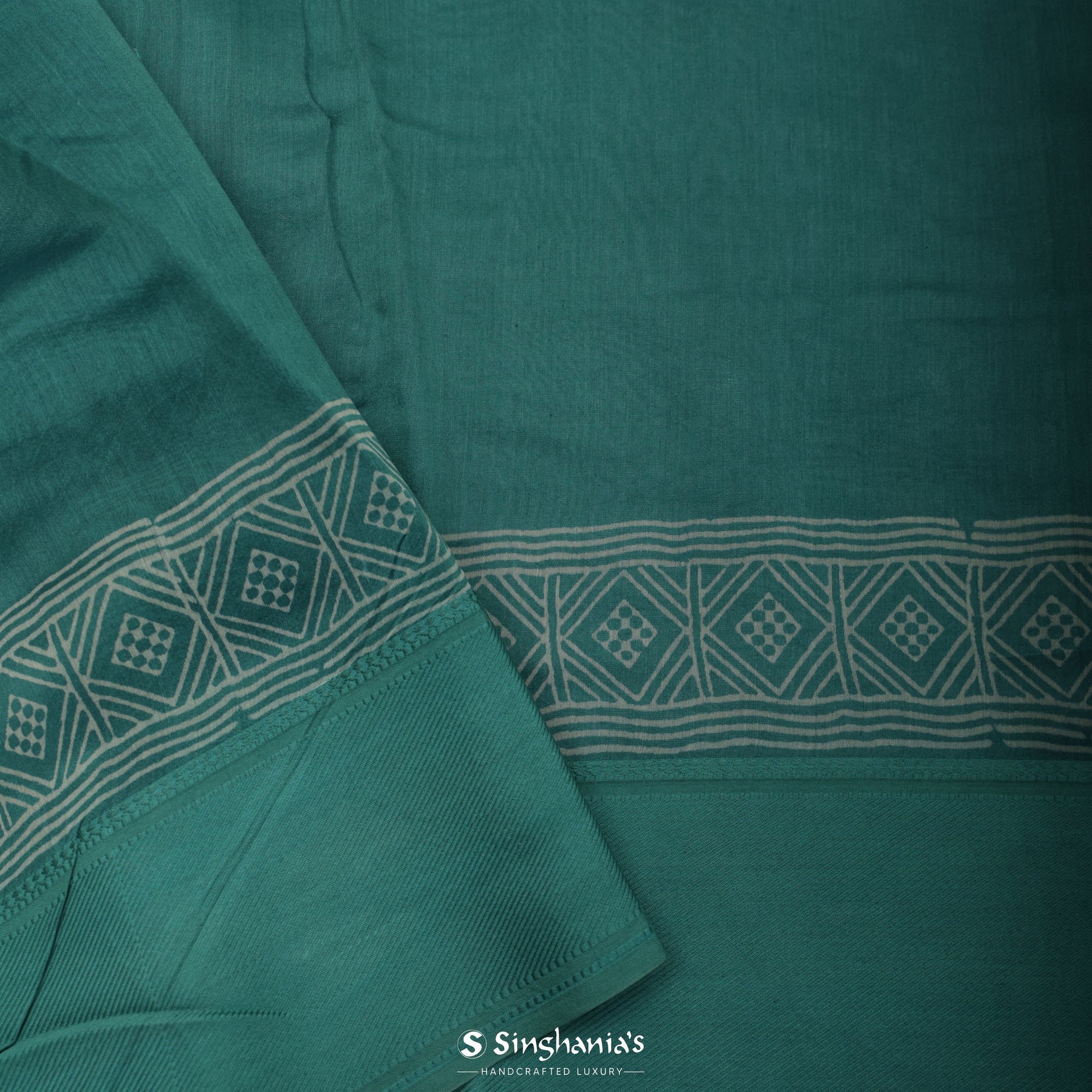 Peacock Blue Printed Chanderi Silk Saree With Geometrical Design