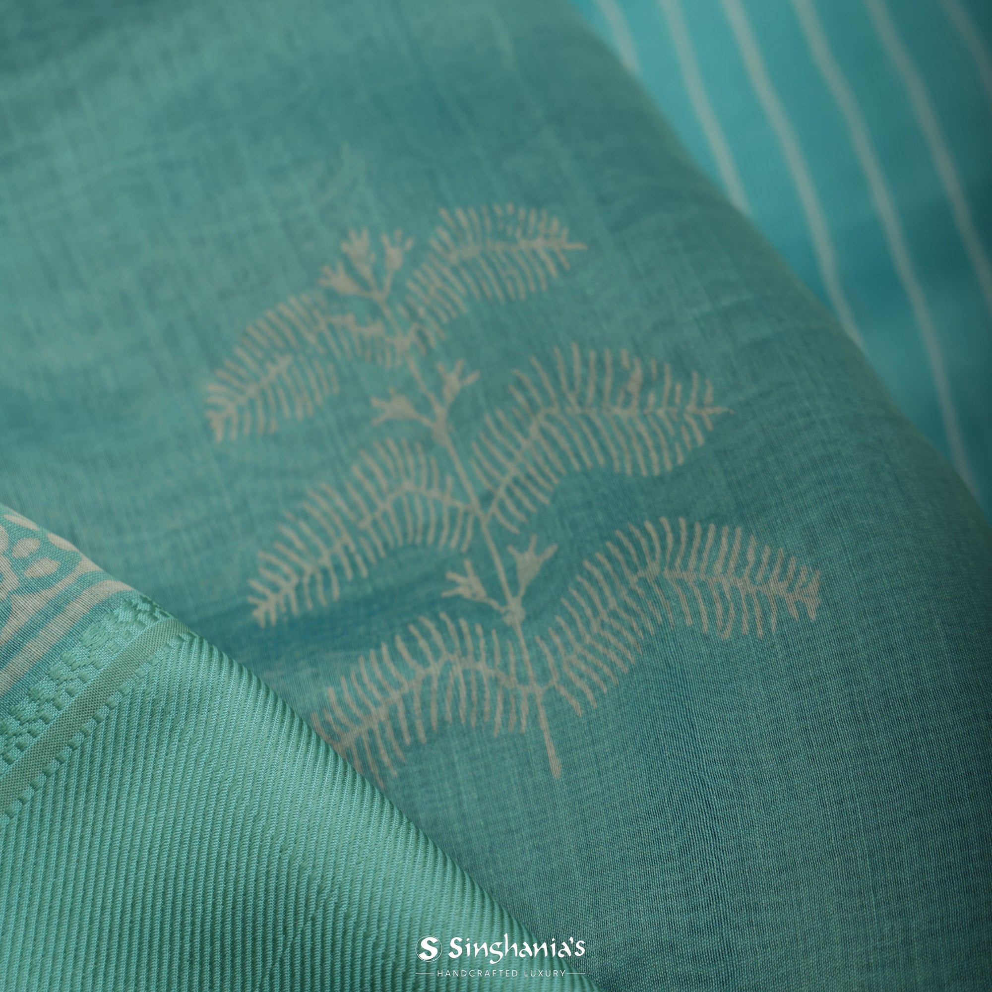 Tiffany Blue Printed Chanderi Silk Saree With Floral Motif Design