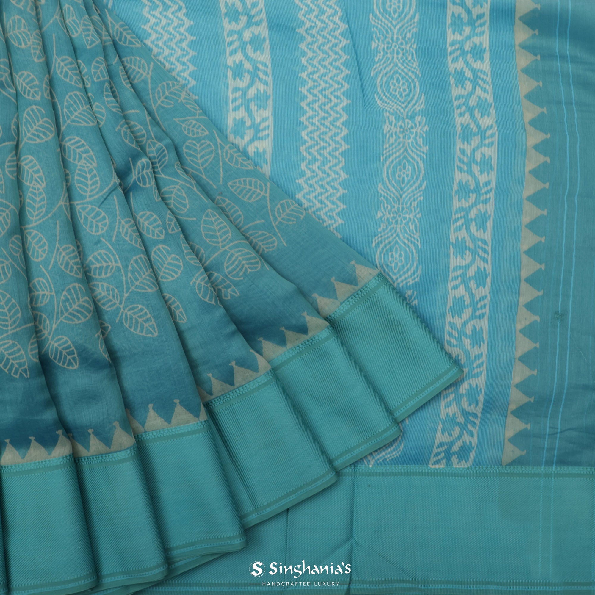 Pacific Blue Printed Chanderi Silk Saree With Floral Jaal Design