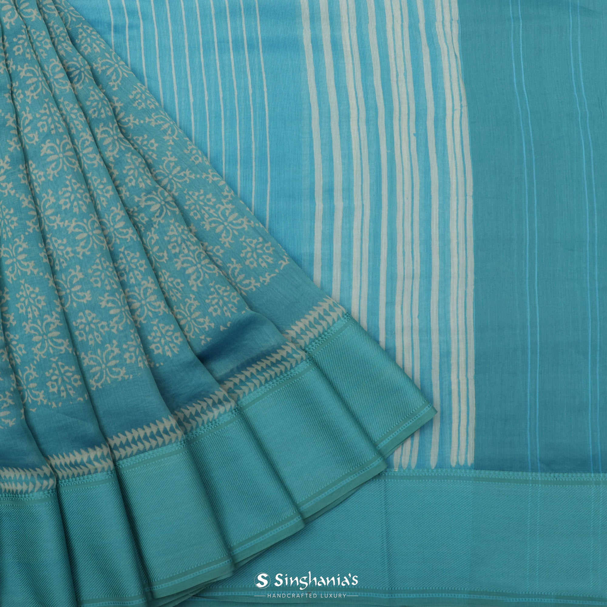 Bright Blue Printed Chanderi Silk Saree With Floral Jaal Design