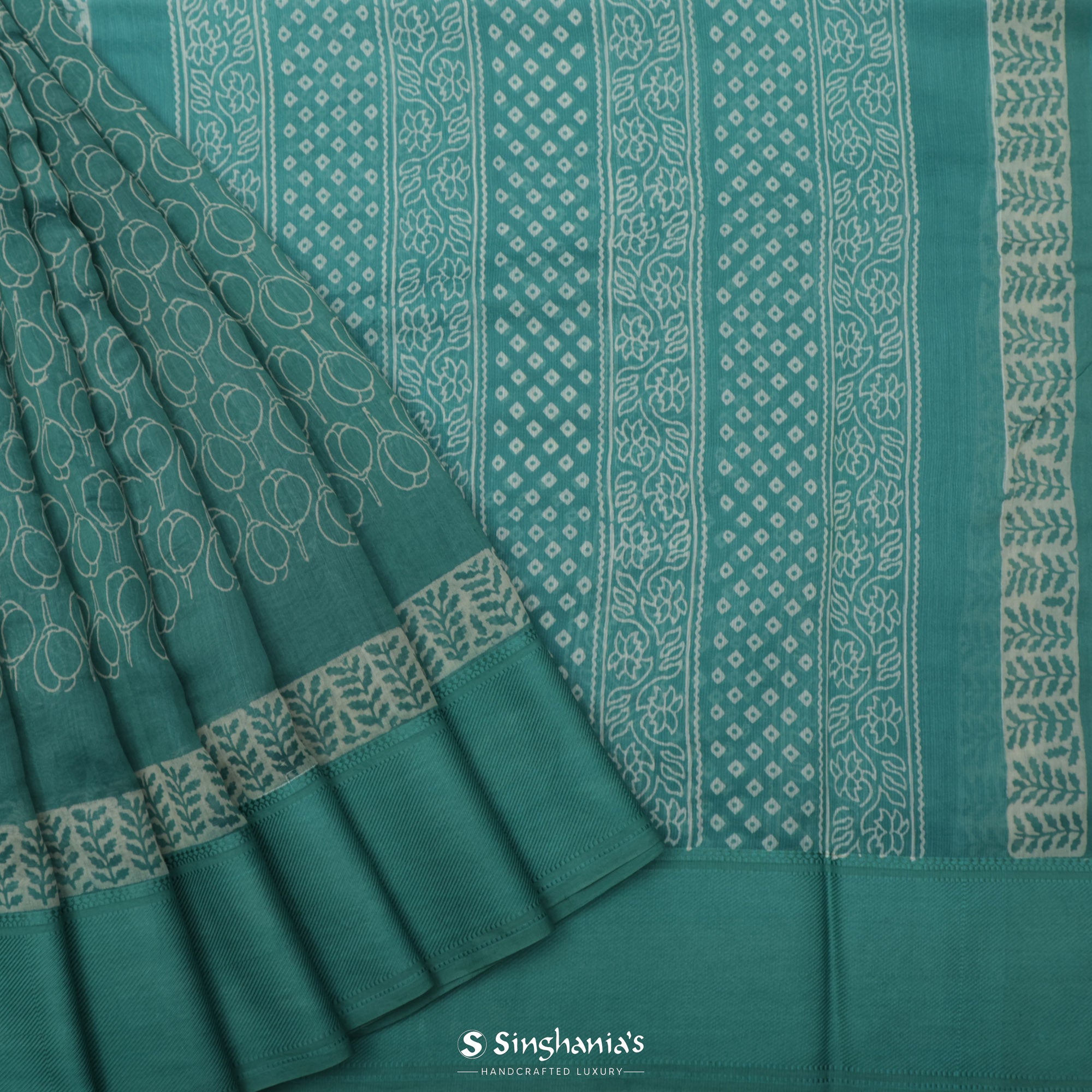 Myrtle Green Printed Chanderi Silk Saree With Floral Motif Design