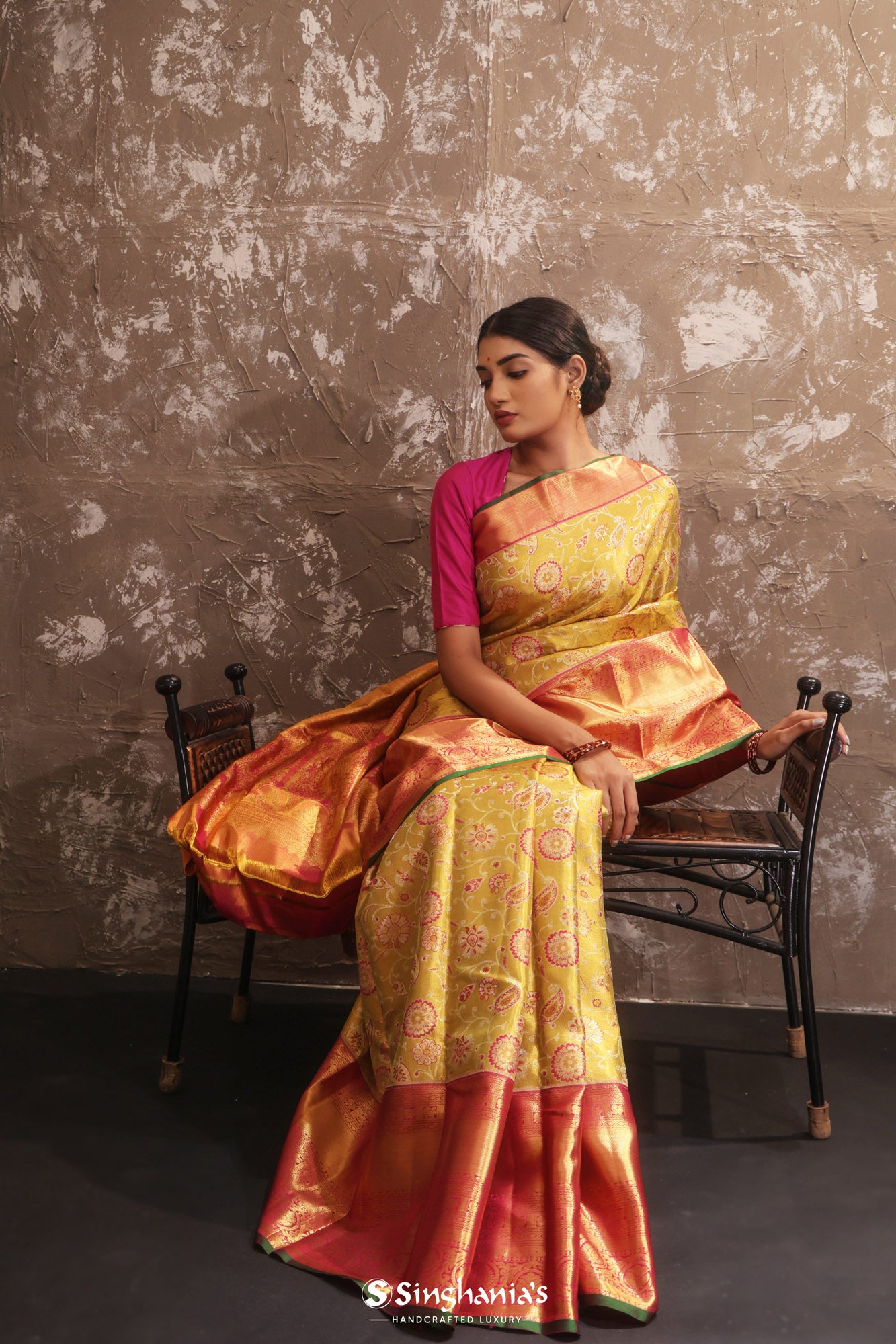 Arylide Yellow Kanjivaram Silk Saree With Floral Design