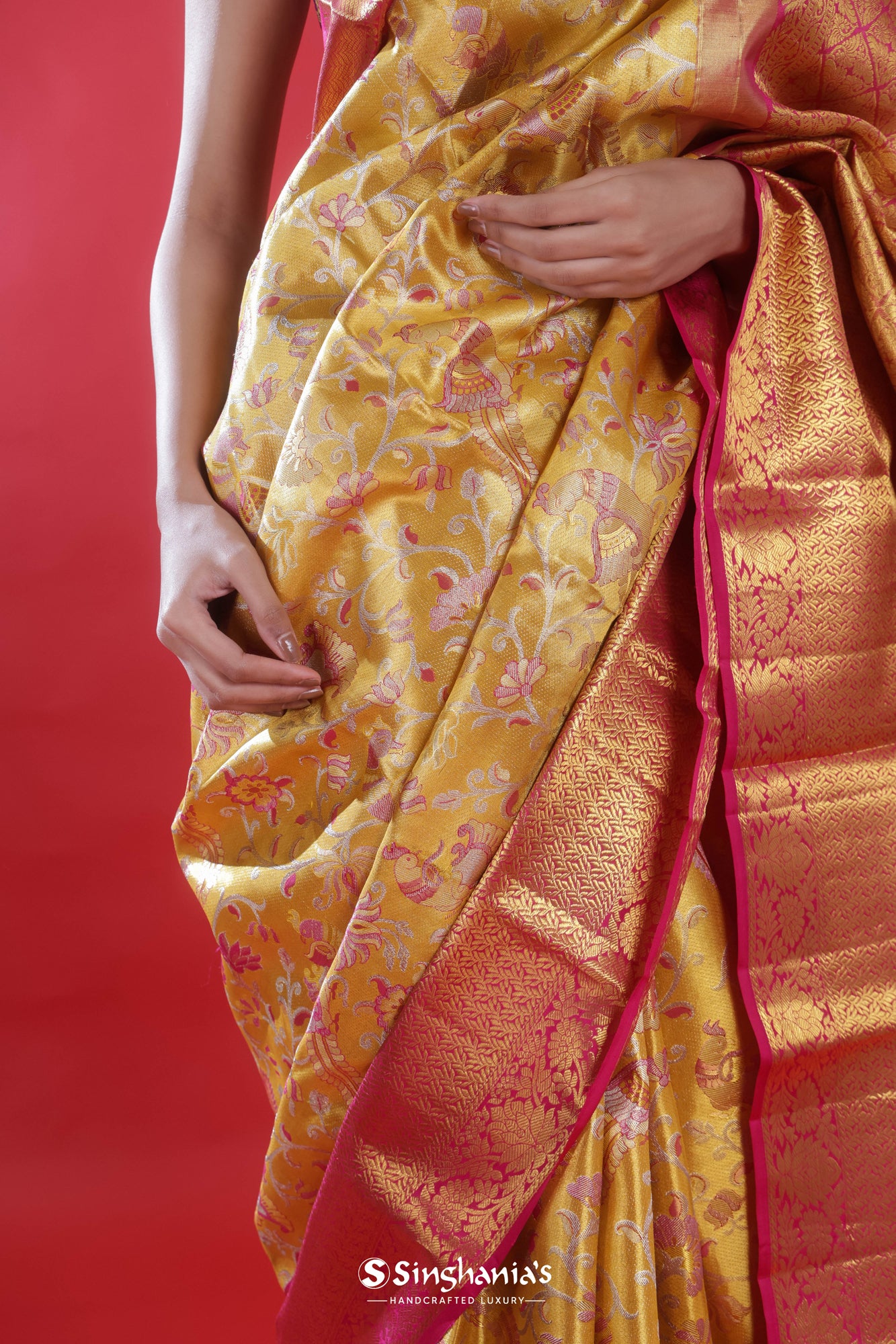 Golden Yellow Meenakari Kanjivaram Silk Saree