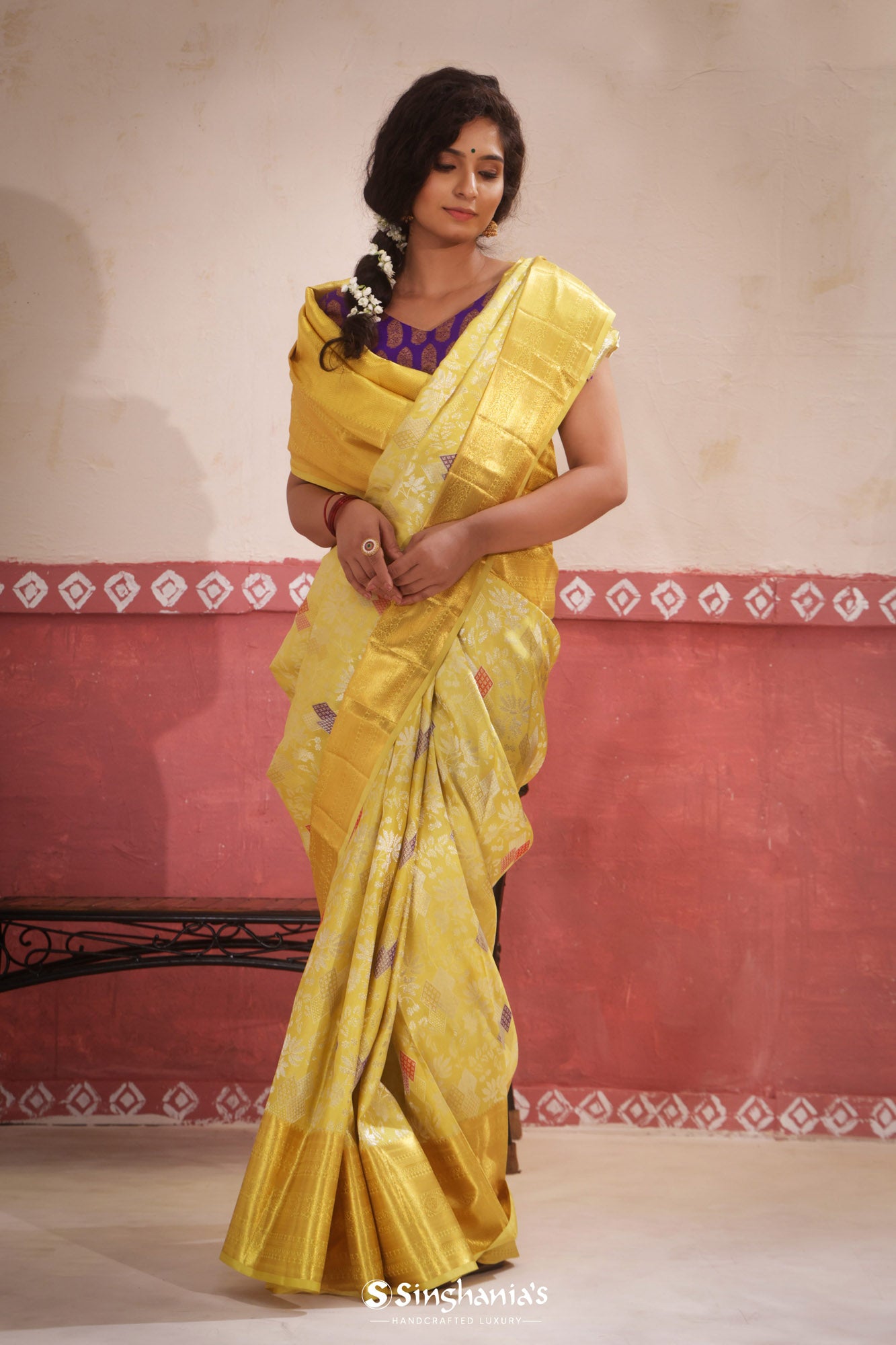 Yellow Tan Kanjivaram Silk Saree With Interesting Floral Pattern