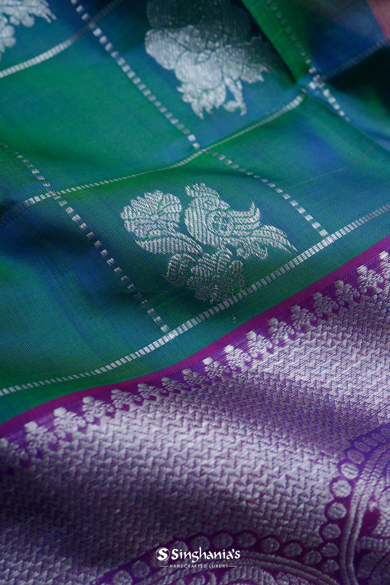 Blue-Green Venkatagiri Silk Saree With Floral-Birds Weaving