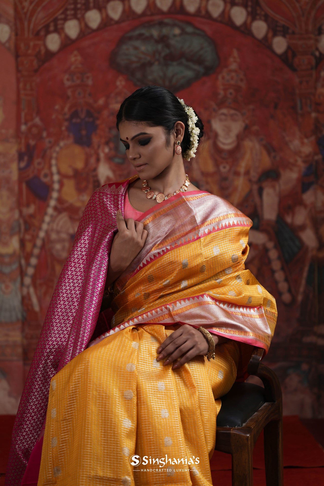 Bright Yellow Venkatgiri Silk Saree With Peacock And Checks Weaving