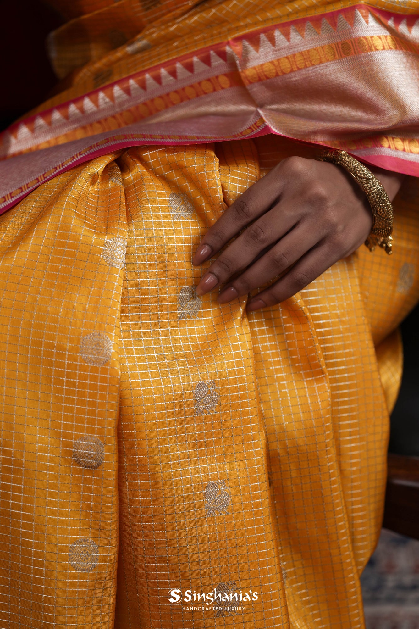 Bright Yellow Venkatgiri Silk Saree With Peacock And Checks Weaving