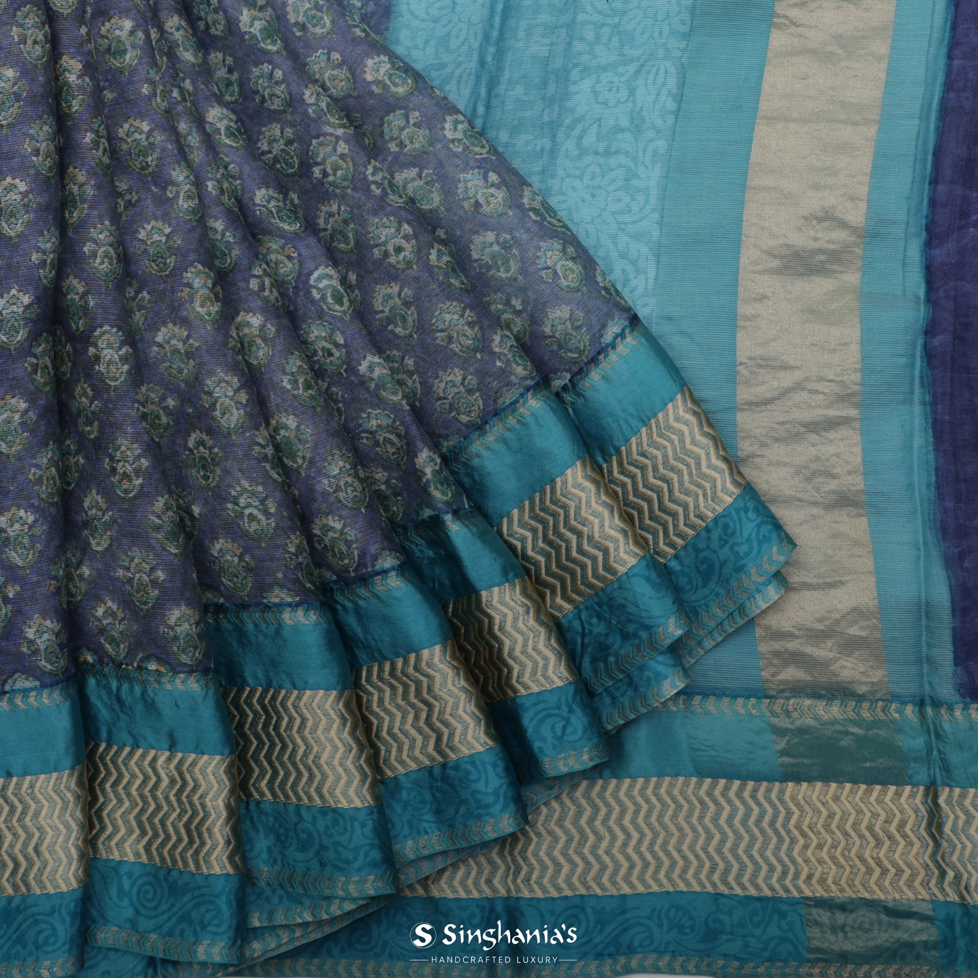 Picotee Blue Printed Maheshwari Saree With Floral Motif Design