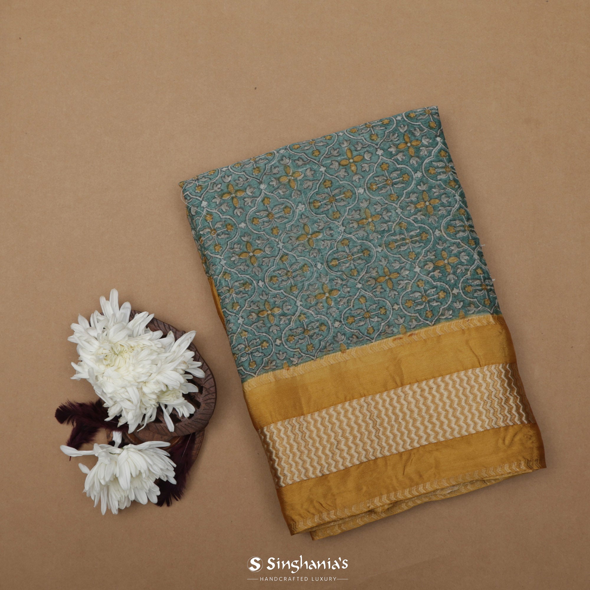 Tiffany Blue Printed Maheshwari Saree With Floral Jaal Design