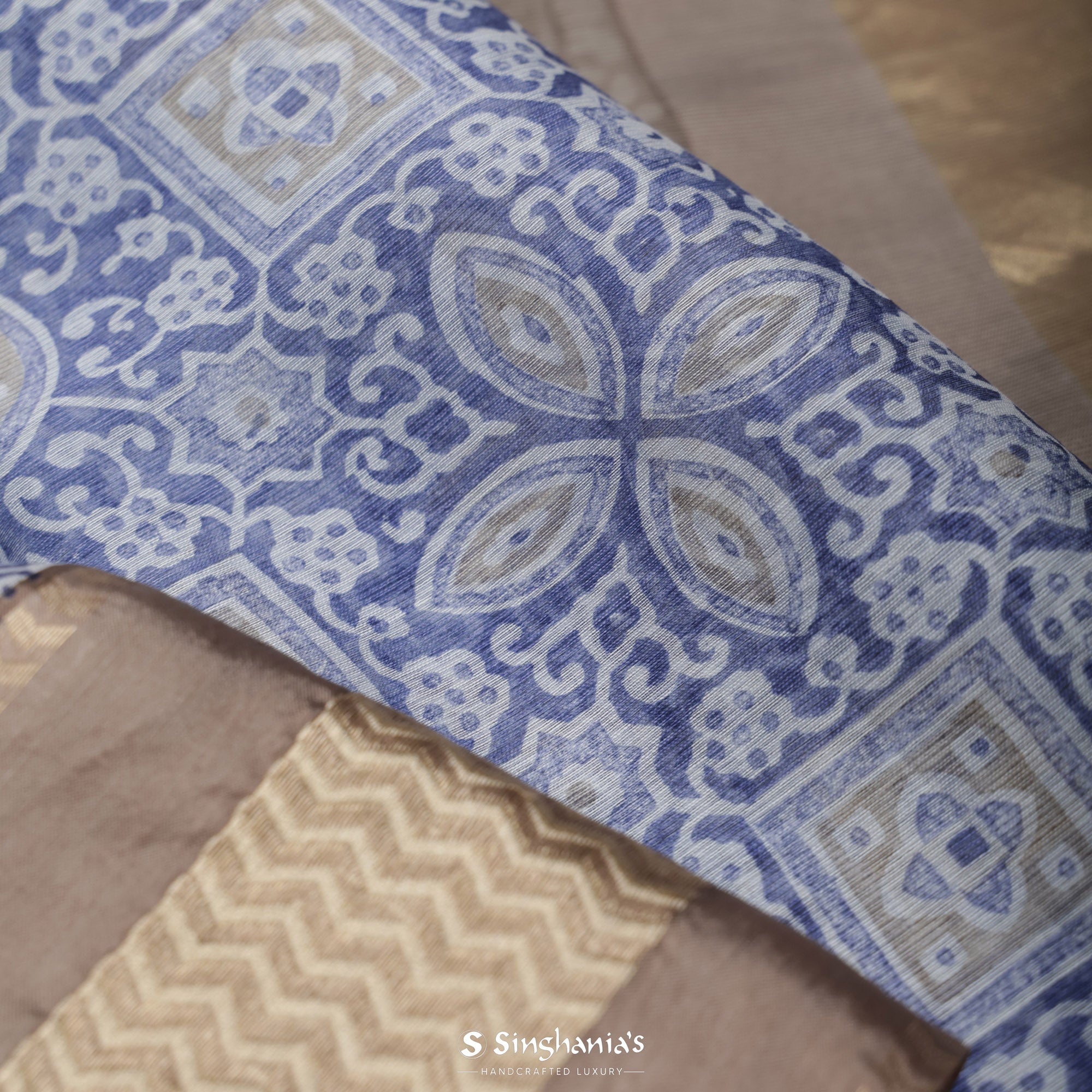 Ford Blue Printed Maheshwari Saree With Floral Jaal Design