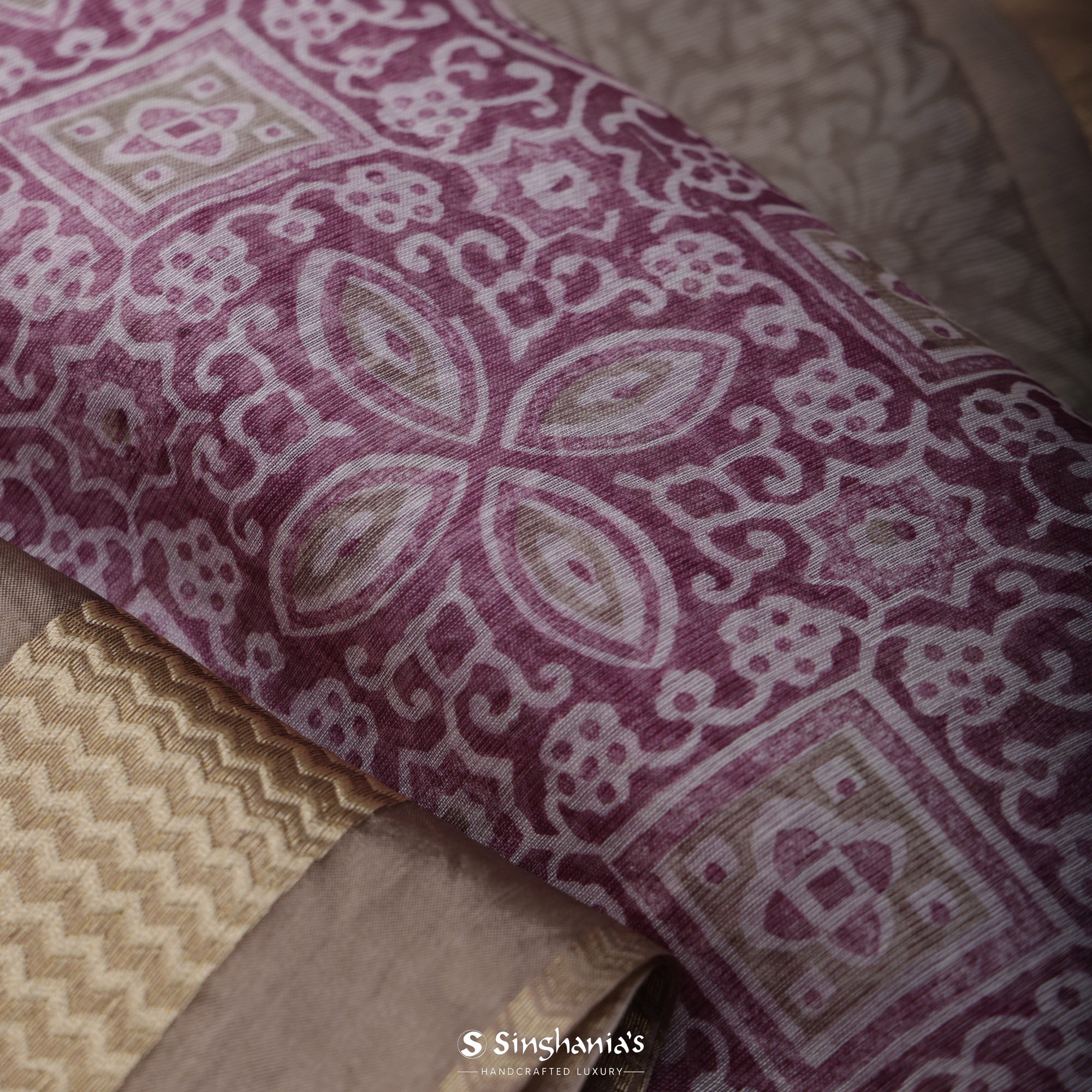 Jam Purple Printed Maheshwari Saree With Floral Jaal Design