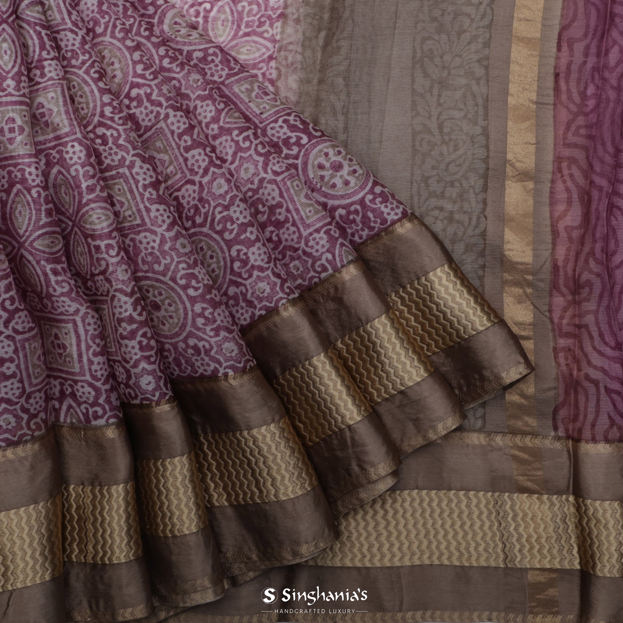 Jam Purple Printed Maheshwari Saree With Floral Jaal Design