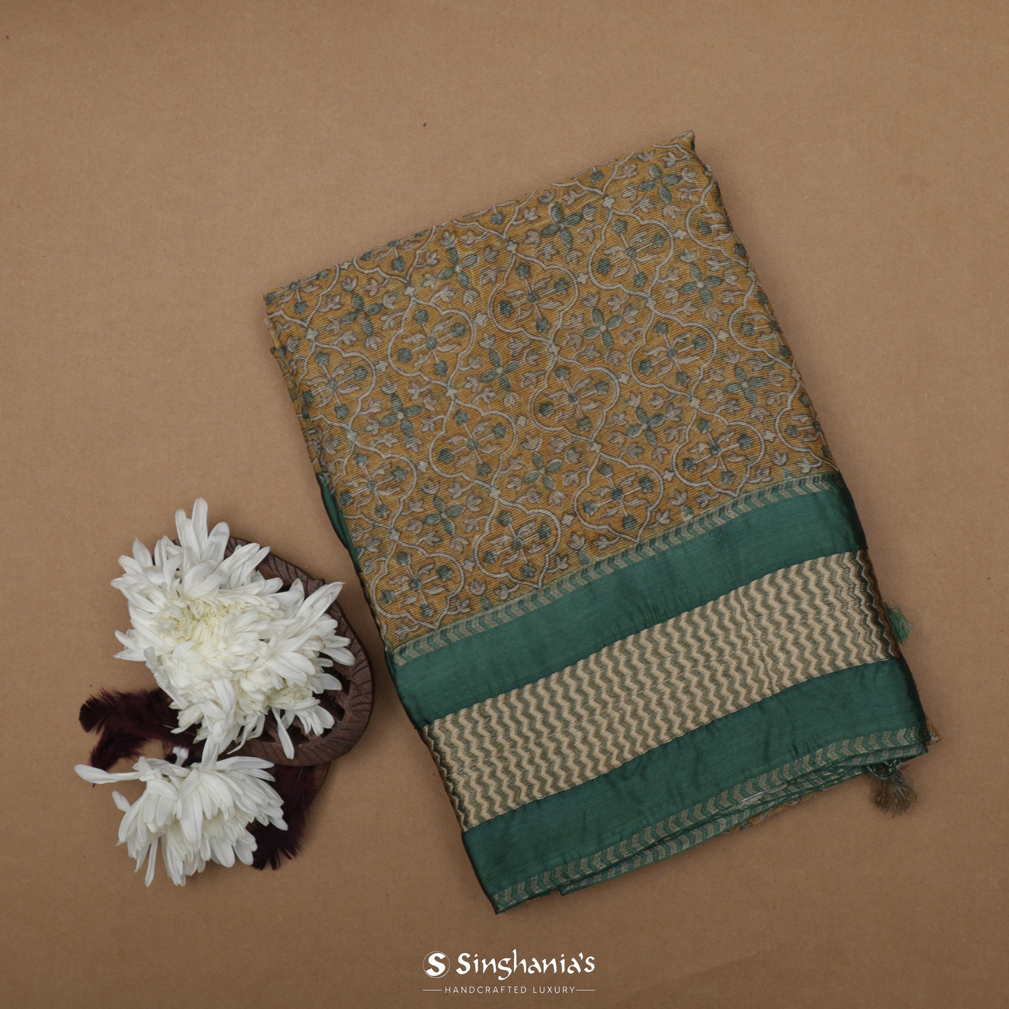 Golden Brown Printed Maheshwari Saree With Floral Jaal Design