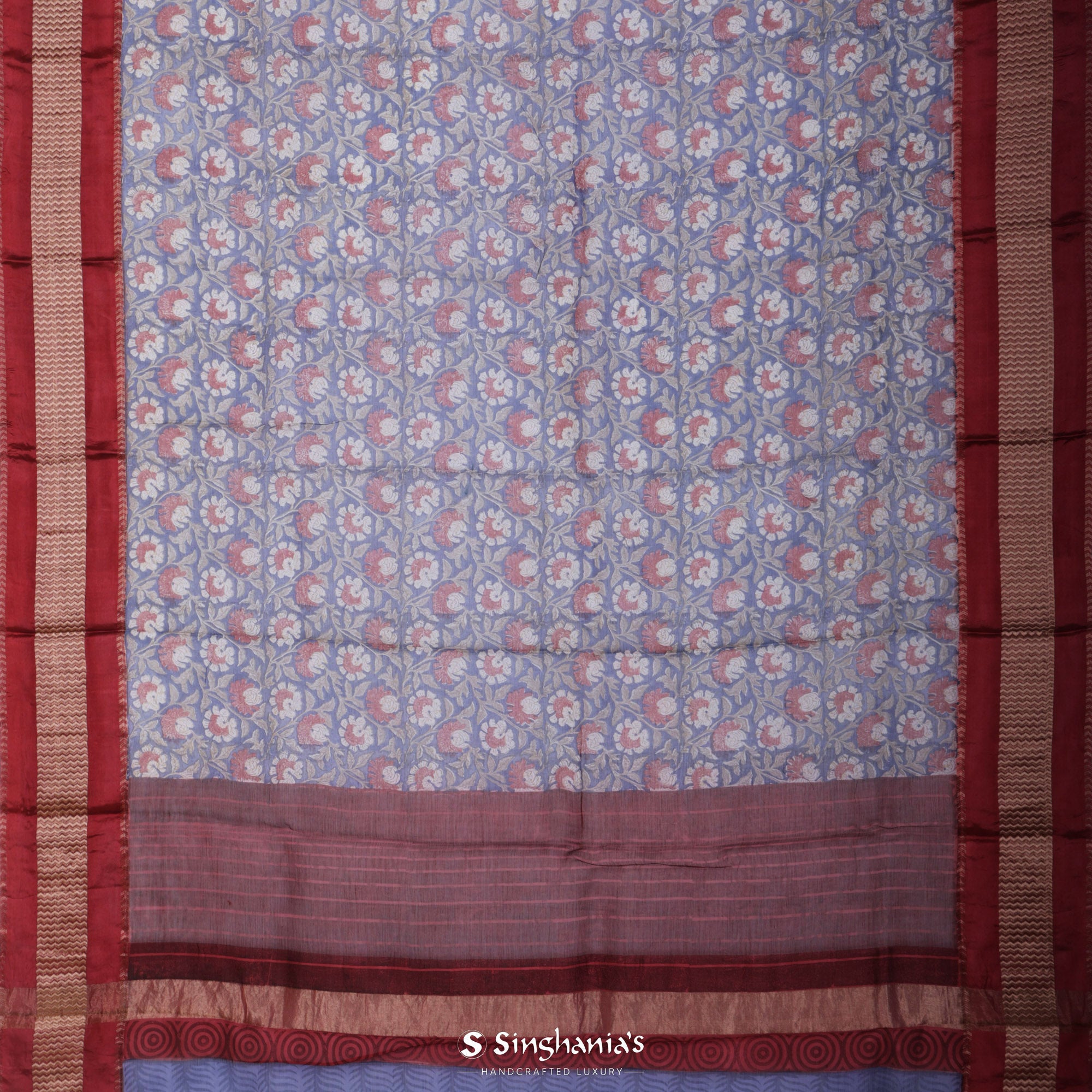 Soft Blue Printed Maheshwari Saree With Floral Jaal Design