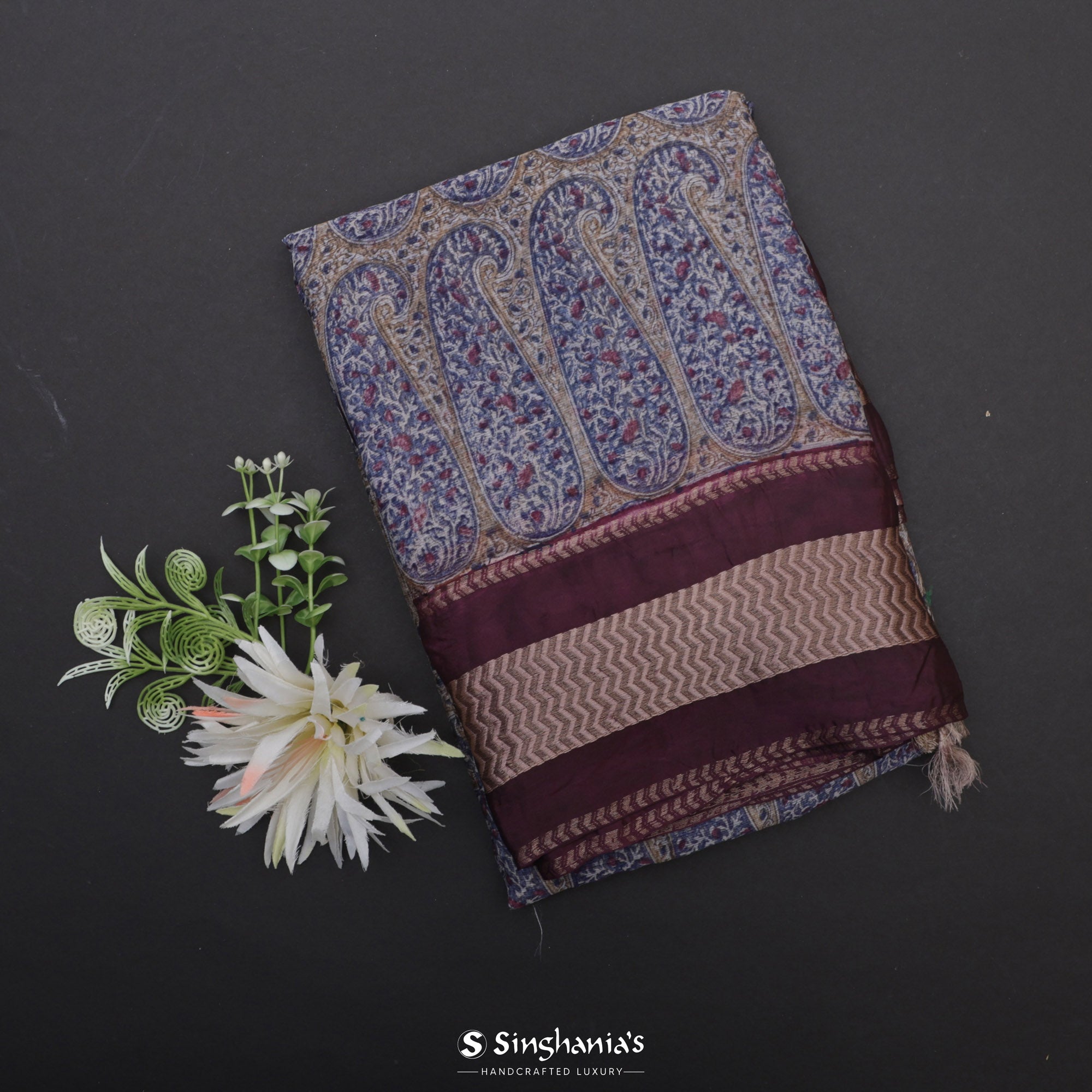 Dull Yellow Printed Maheshwari Silk Saree With Floral Paisley Design
