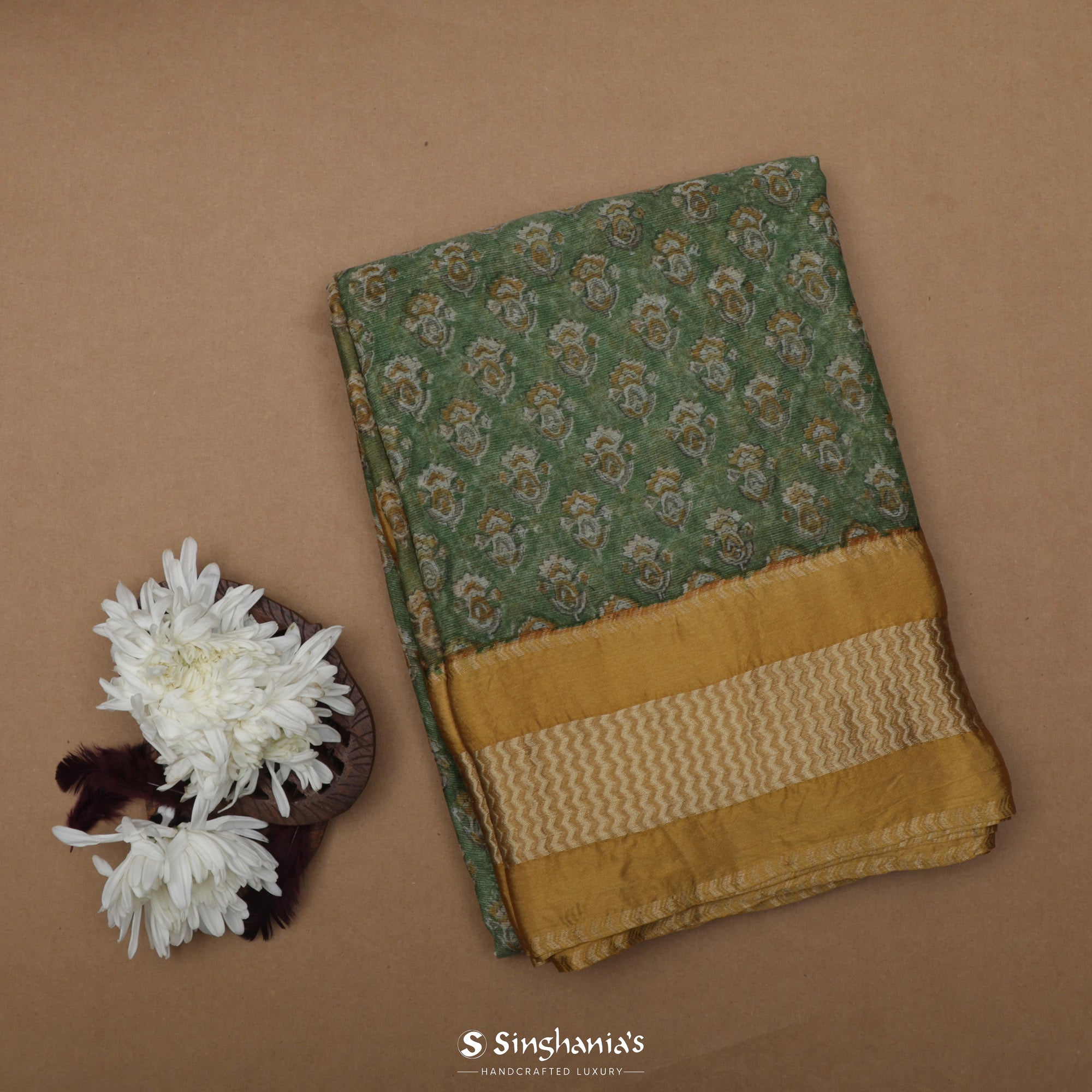 Hunter Green Printed Maheshwari Saree With Floral Motif Design