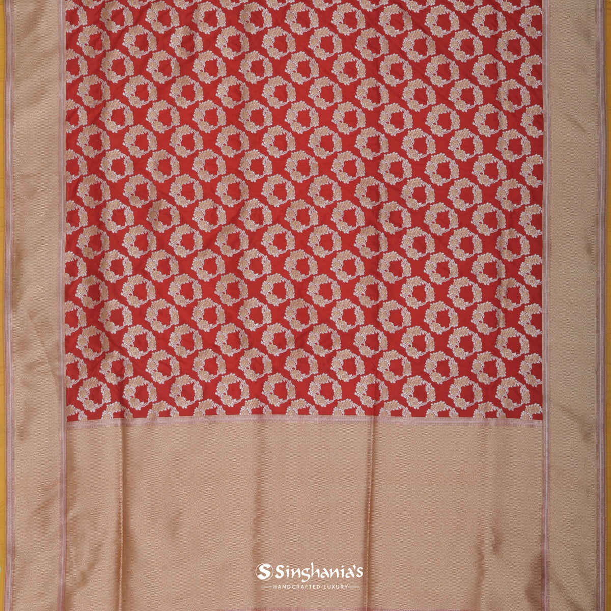 Chilli Red Banarasi Silk Saree With Floral Buttas Weaving