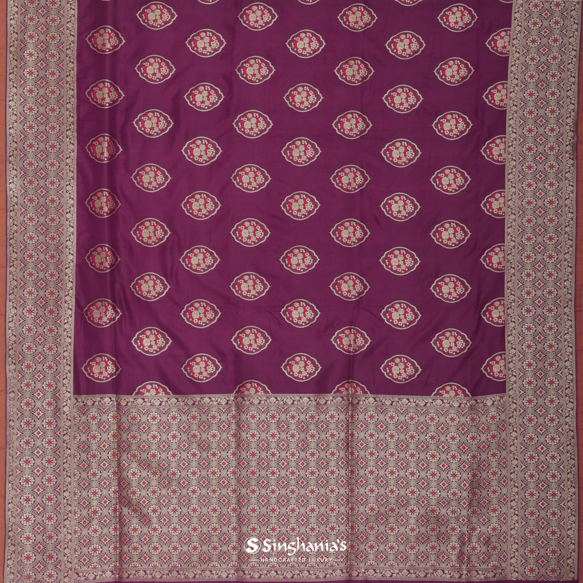 Tyrian Purple Banarasi Silk Saree With Floral Buttas Weaving