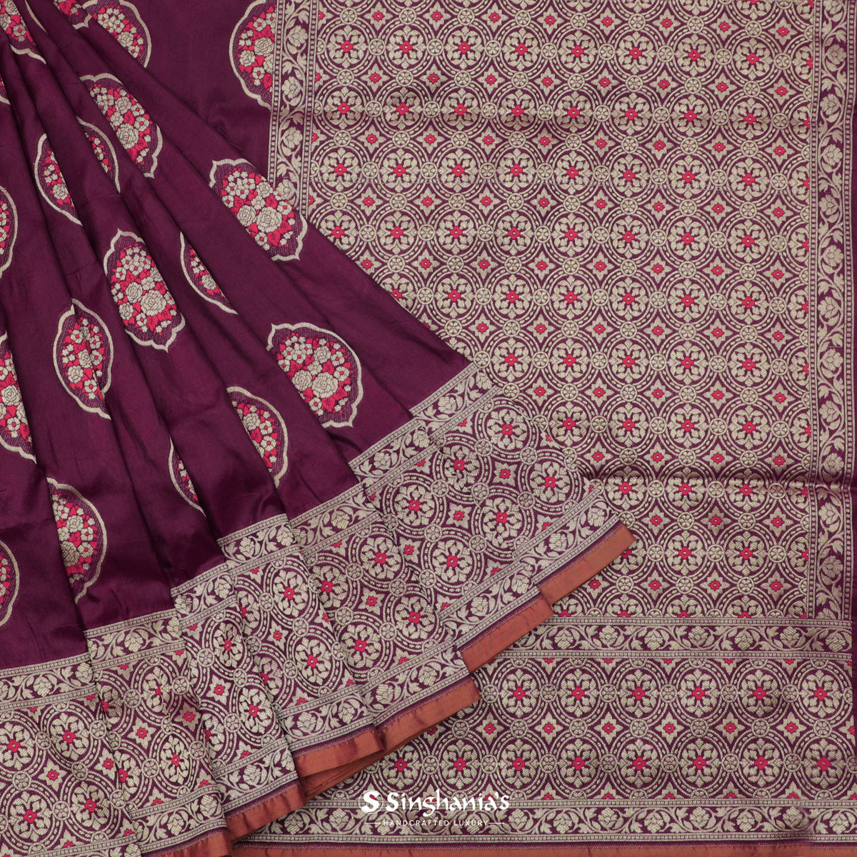 Tyrian Purple Banarasi Silk Saree With Floral Buttas Weaving
