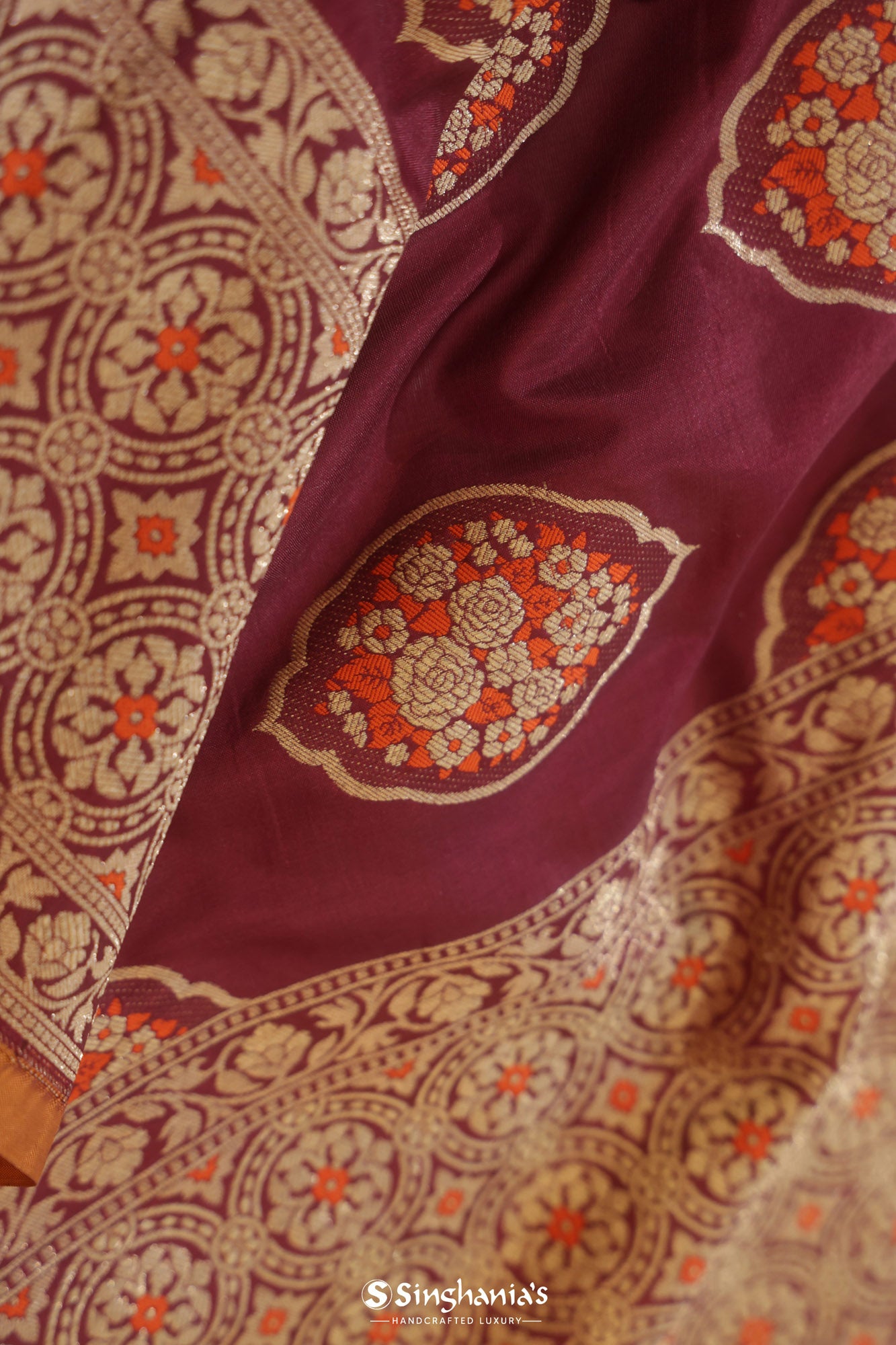 Vermillion Red Banarasi Silk Saree With Floral Buttas