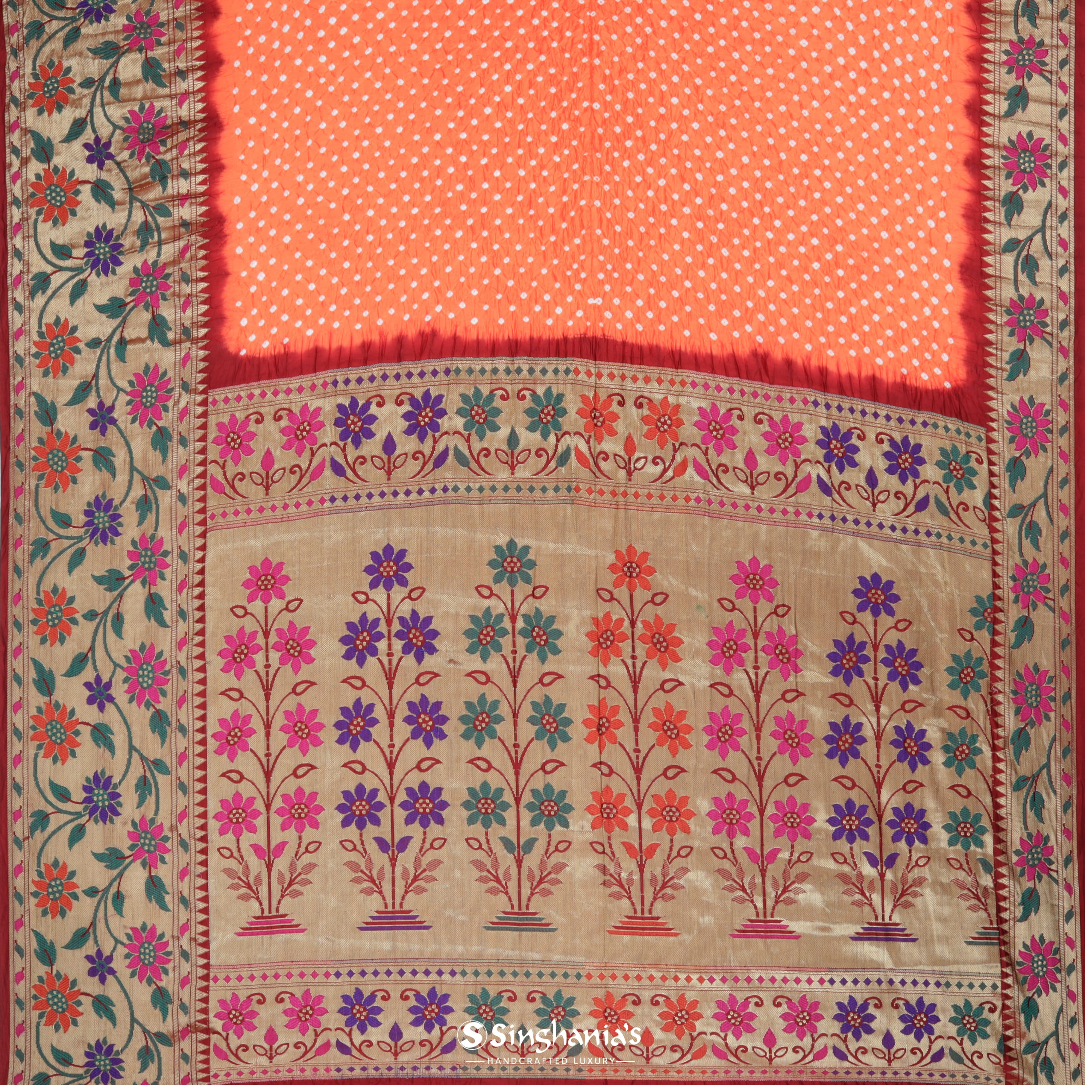 Coral Orange Silk Bandhani Saree
