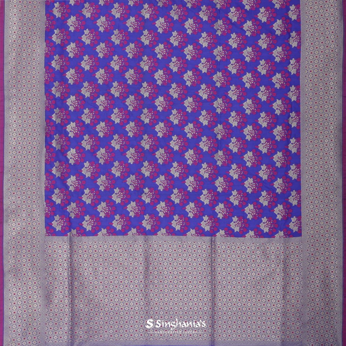 Violet Blue Banarasi Silk Saree With Floral Buttas Weaving